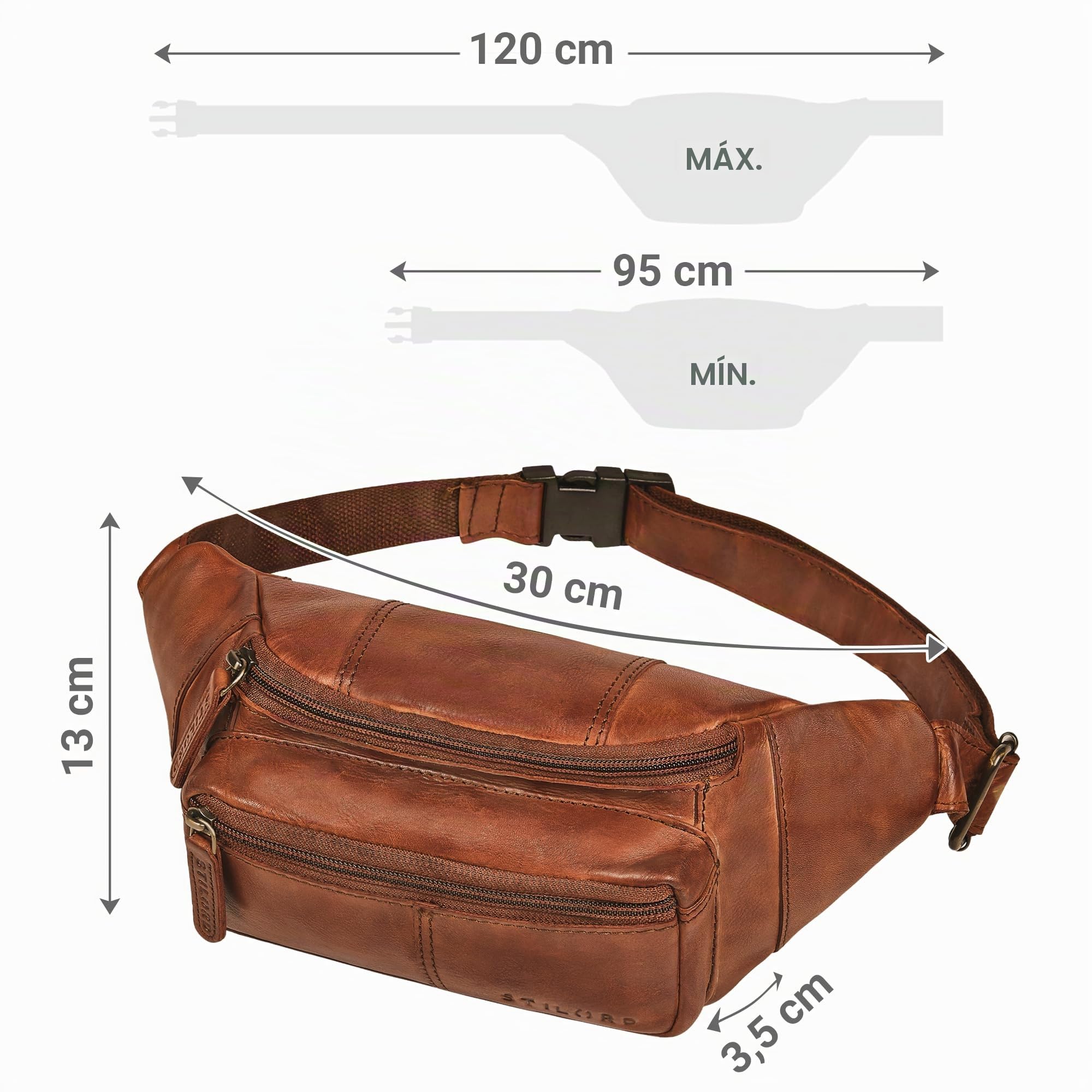 STILORD 'Devon' Riñonera Hombre Cuero Cognac Vintage con Muchos Compartimentos - Riñoneras Hombre Cuero Auténtico antirrobo - Ideal Bolso Cinturon en Viajes y Festivales