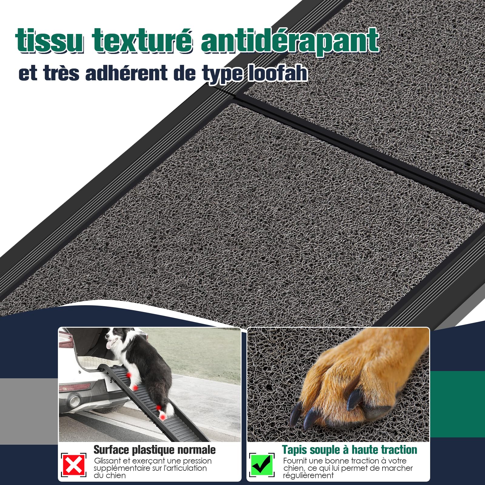 Rampe pour Chien Voiture Pliable Extra Longue 175cm, Rampes D'Accès Voiture pour Chien avec Surface Antidérapante, Échelle De Voiture Pliante Escalier pour Grands Chiens, Supporter Un Poids De 115kg