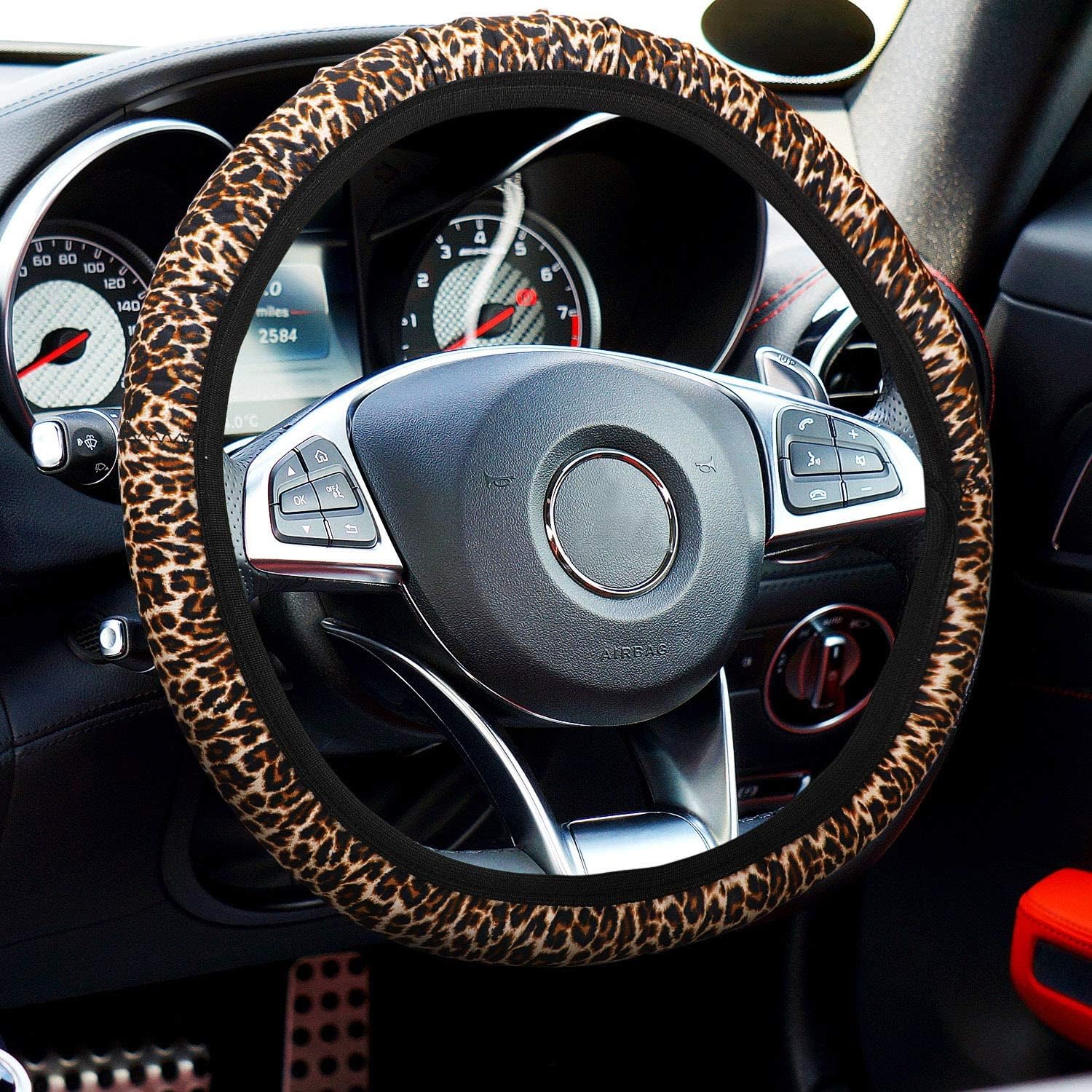 10 Pieces Leopard Print Car Decorations, Includes Leopard Front Seat Covers, Steering Wheel Cover, Leopard Car Coasters, Armrest Pad Cover Seat Belt Pads and Keychain Wrist Strap for Universal Cars