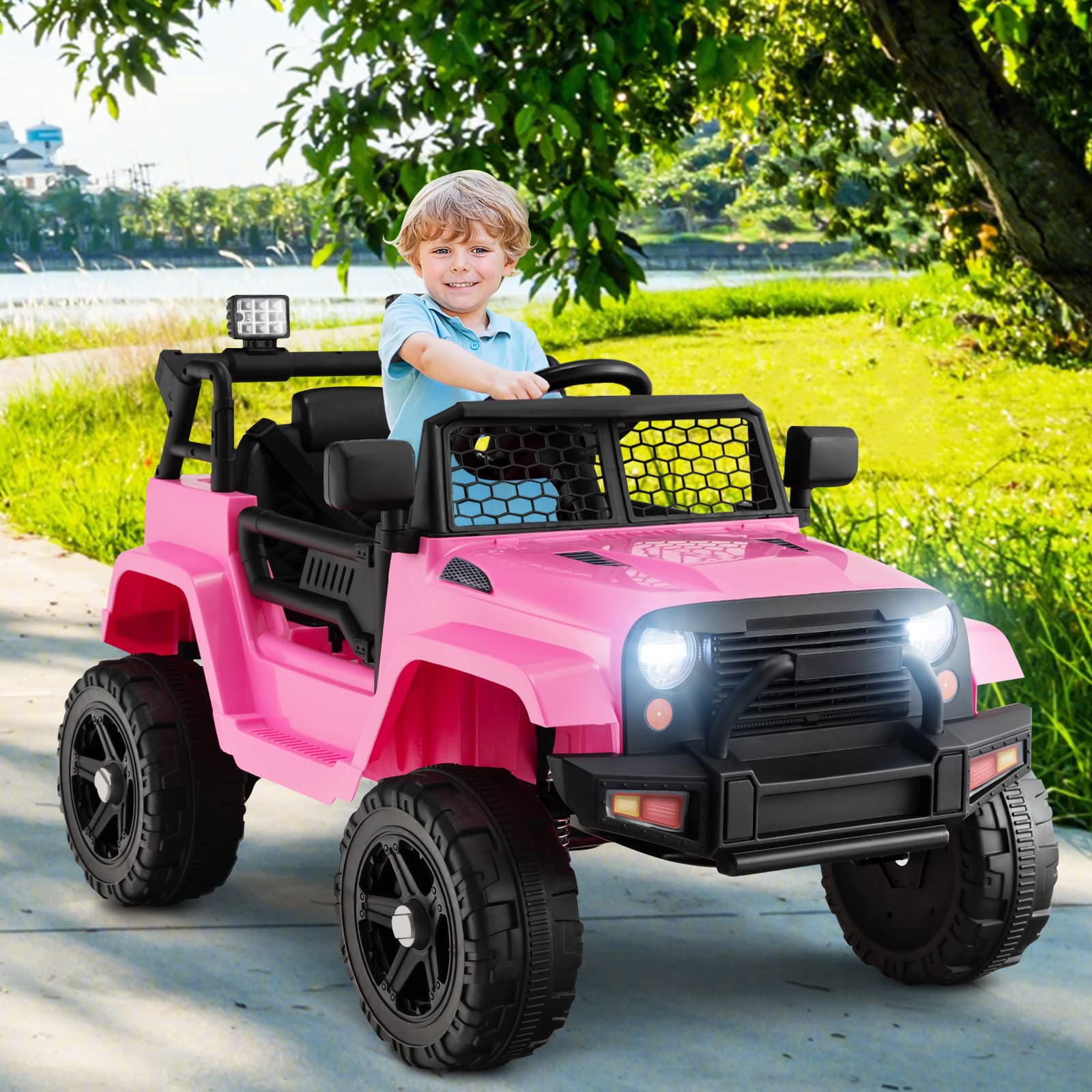 COSTWAY 12V Auto per Bambini con Telecomando, Macchina Elettrica con Fari Luminosi, Musica, Porta USB e Aux, Velocità 2,5-4,5 km/h, Regalo per Bambini 3-7 Anni (Rosa)