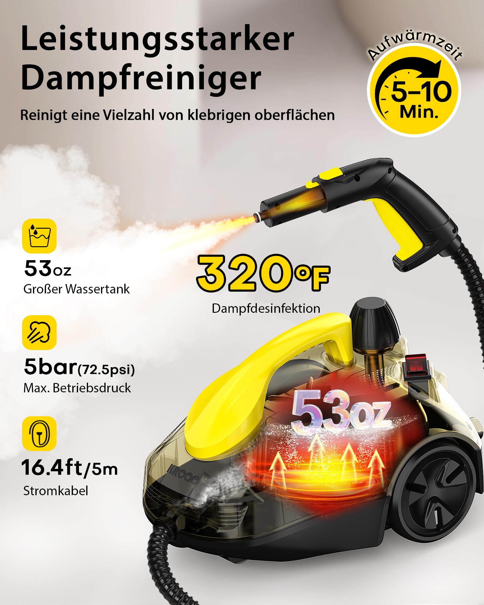 Dampfreiniger mit 23 Zubehörteilen und 5 Meter Netzkabel für die Reinigung von Öfen, Teppichen, Sofas, Polstern, Spielzeug und glatten Böden.
