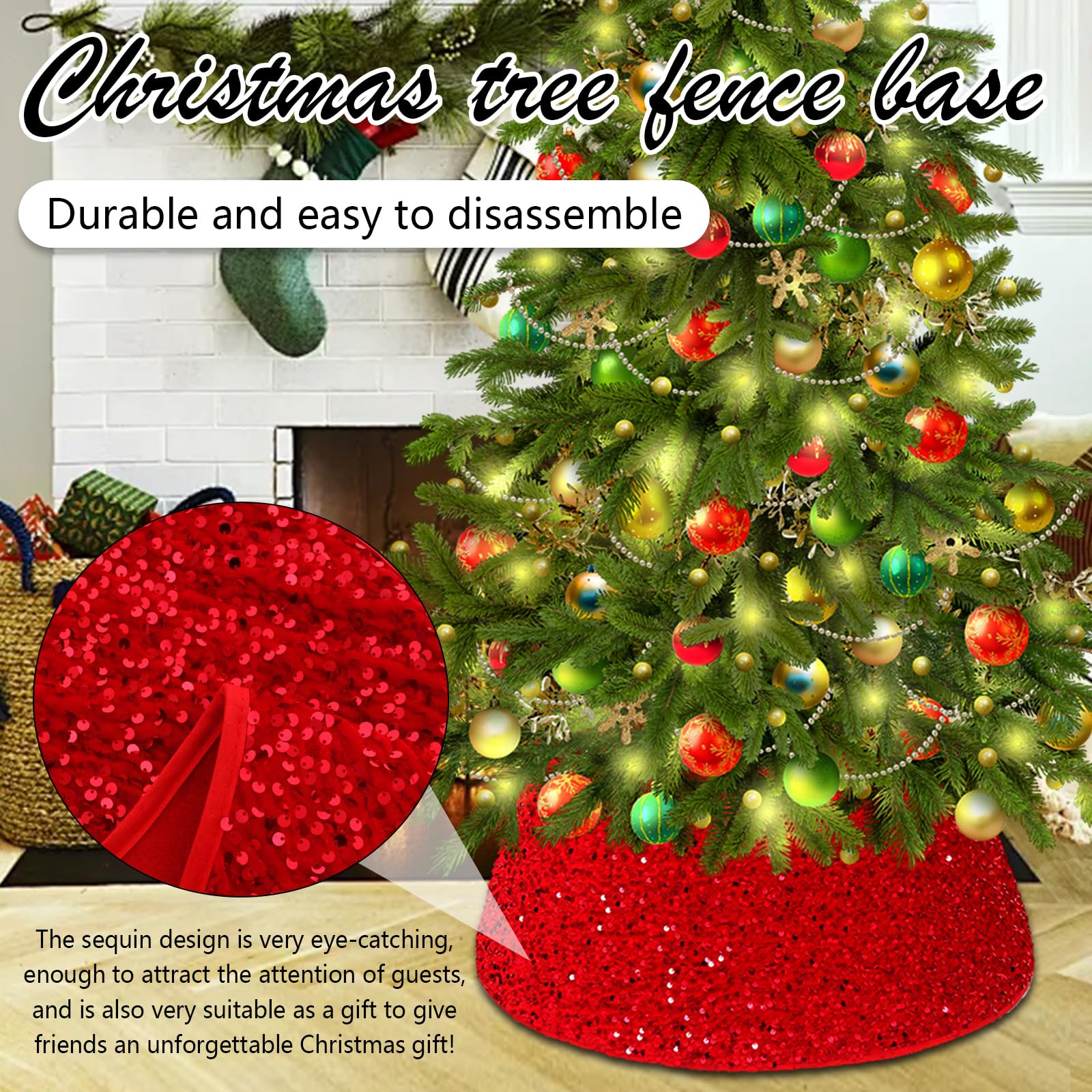 Gonna Per Albero Di Natale 60 cm - Decorazioni Glitter Rosso, Collare e Base Per Cestino - Copertura Per Feste a Casa e Vacanze
