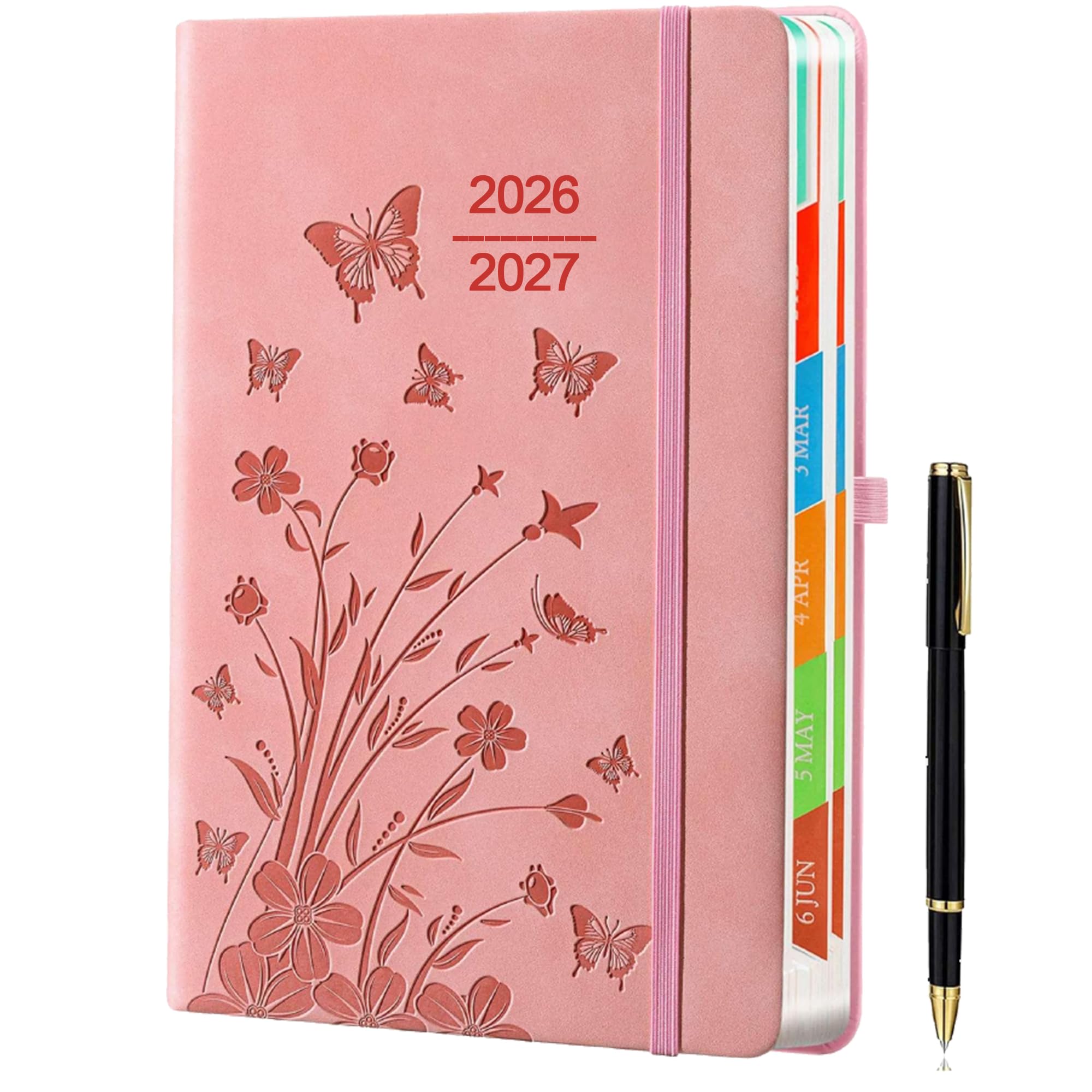 Academic Diary 2026–2027 A5 Day to Page – Pink Hardback Planner with Pen Holder, 100 gsm Paper & Ribbon Bookmarks – Academic Year Diary for Students & Teachers