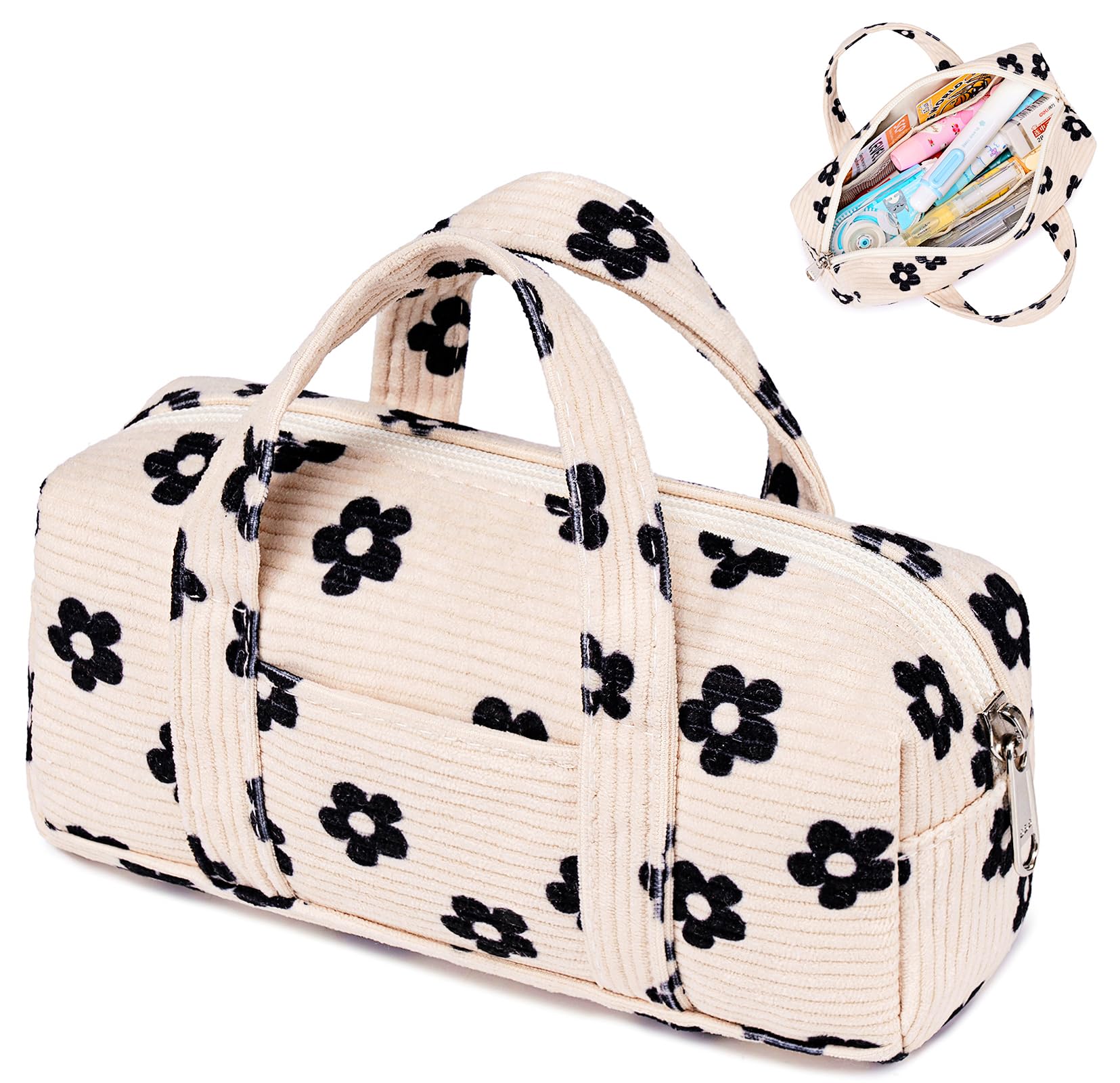 CAMTOP Pencil Case Pouch for Girls Cute Small Pencil Box School Stationery for Teen Student Kids (Flower Beige)