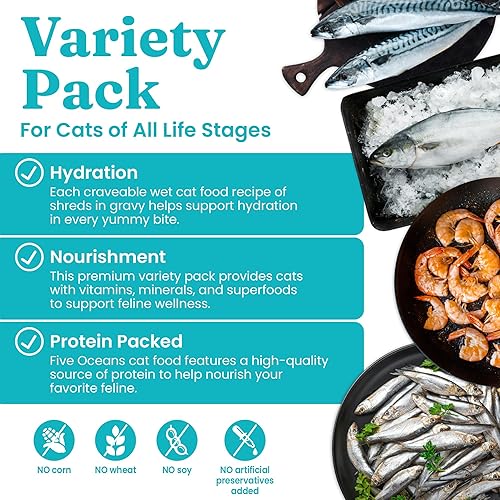 Miniatura 4 de Solid Gold Wet Cat Food Shreds in Salsa - Paquete variado enlatado hecho con atún real, sin granos de Five Oceans, lata de 12 unidades  3 onzas