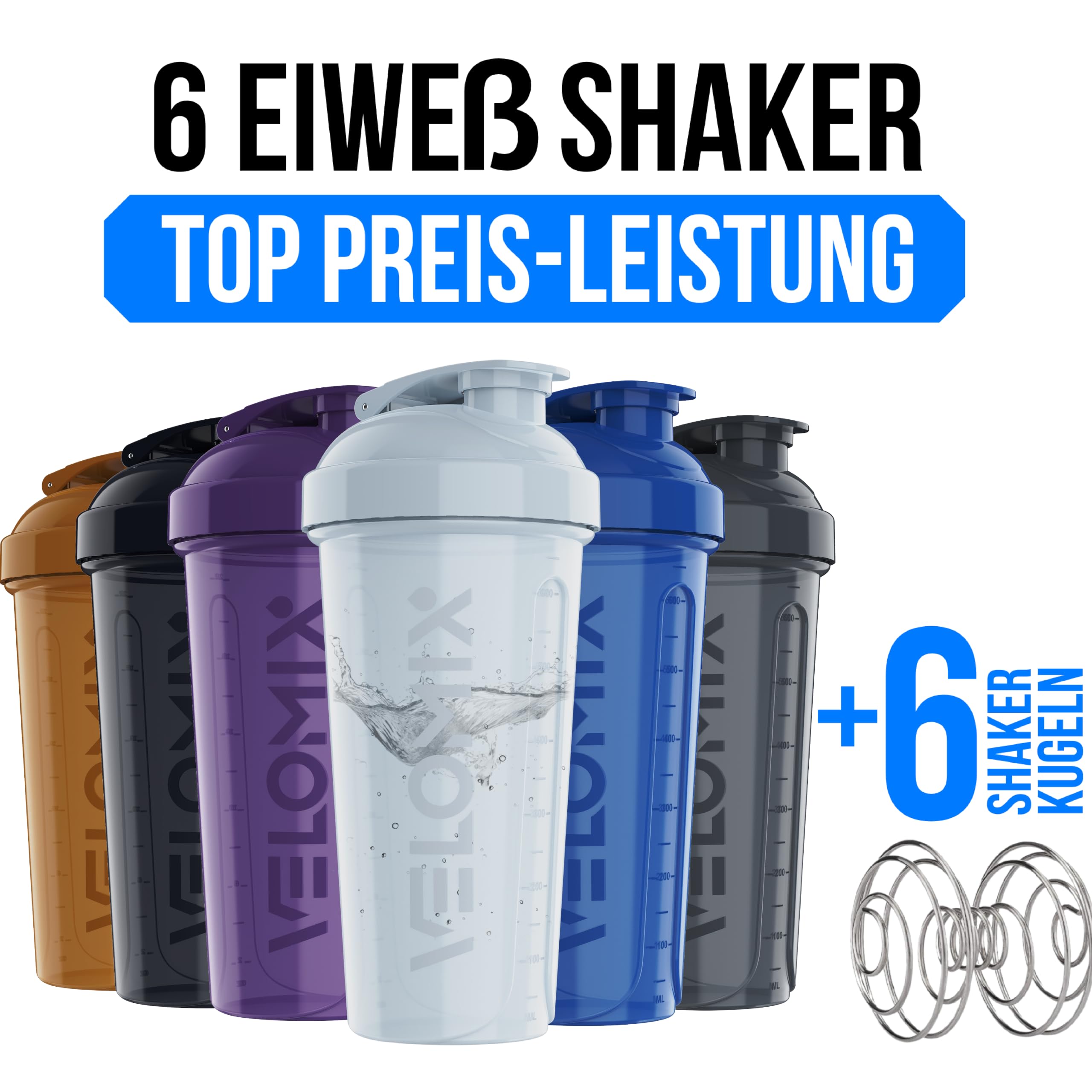 VELOMIX Protein-Shaker-Flasche für Proteinmischungen, 6 x Drahtbesen, auslaufsichere Shaker-Becher für Protein-Shakes, Protein-Shaker-Flaschenpack, Protein-Shaker-Becher (Elemental Mix), 6 Stück