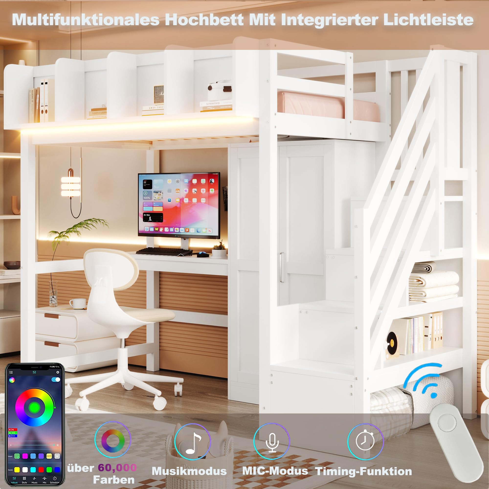 Multifunktionales Hochbett 90x200 cm mit LED-Beleuchtung und USB-Anschlüsse, Kinderbett mit Treppe Stauraum und Schreibtisch, Holzbett mit Kleiderschrank, Weiß-A(Ohne Matratze)