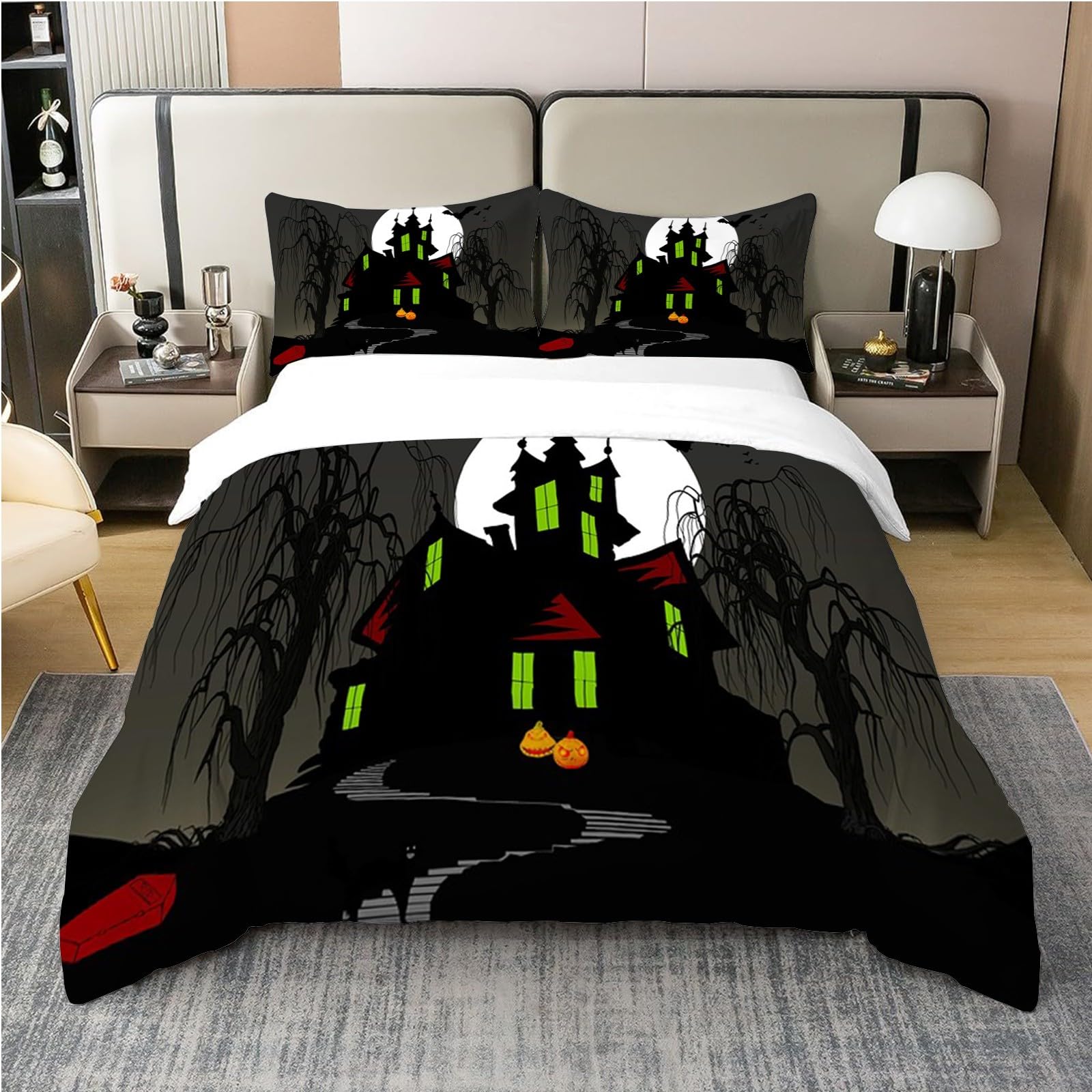 Generisch AK2368 Pościel na Halloween 155 x 220 cm, poszewka na kołdrę ze zwierzęciem, 3-częściowy zestaw pościeli z oddychającej i miękkiej mikrofibry, 2 poszewki na poduszkę z zamkiem błyskawicznym