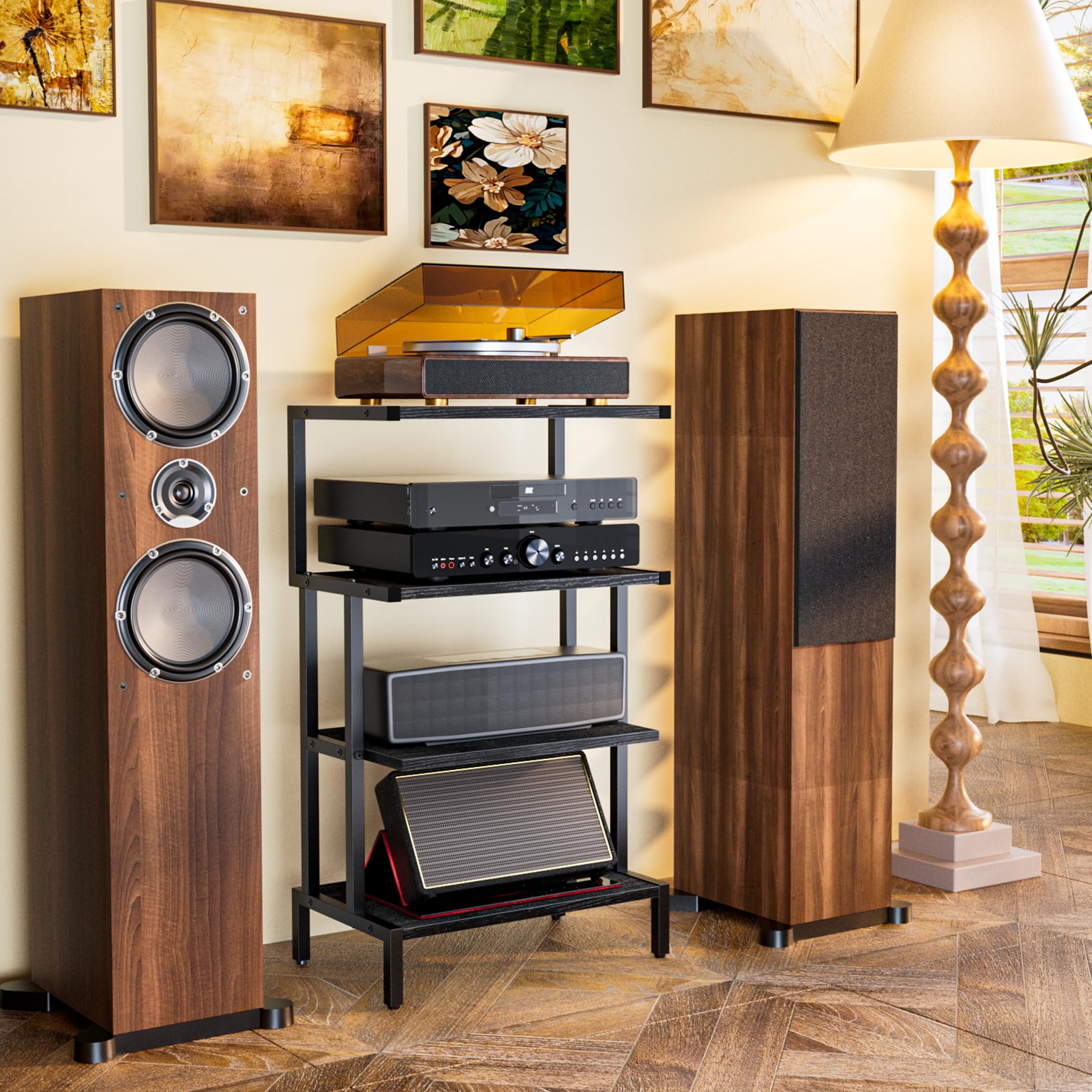 Aquzee Meuble HiFi Bois, Meuble Jeux Vidéo, Petite Table, Table d Appoint Canapé à 4 Etagères, Petits Espaces Espaces Étagère de Rangement pour Équipement Audio, 28P x 45L x 77H cm