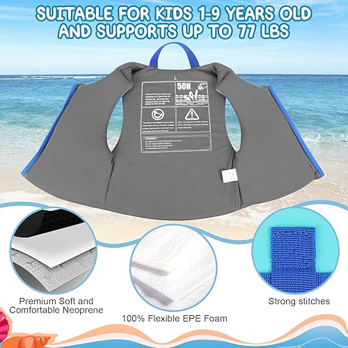 Miniatura 2 de Chaleco de natación de neopreno para niños, chaqueta de natación para niños pequeños, flotadores, ayuda a la natación para niños y niñas de 1 a 9