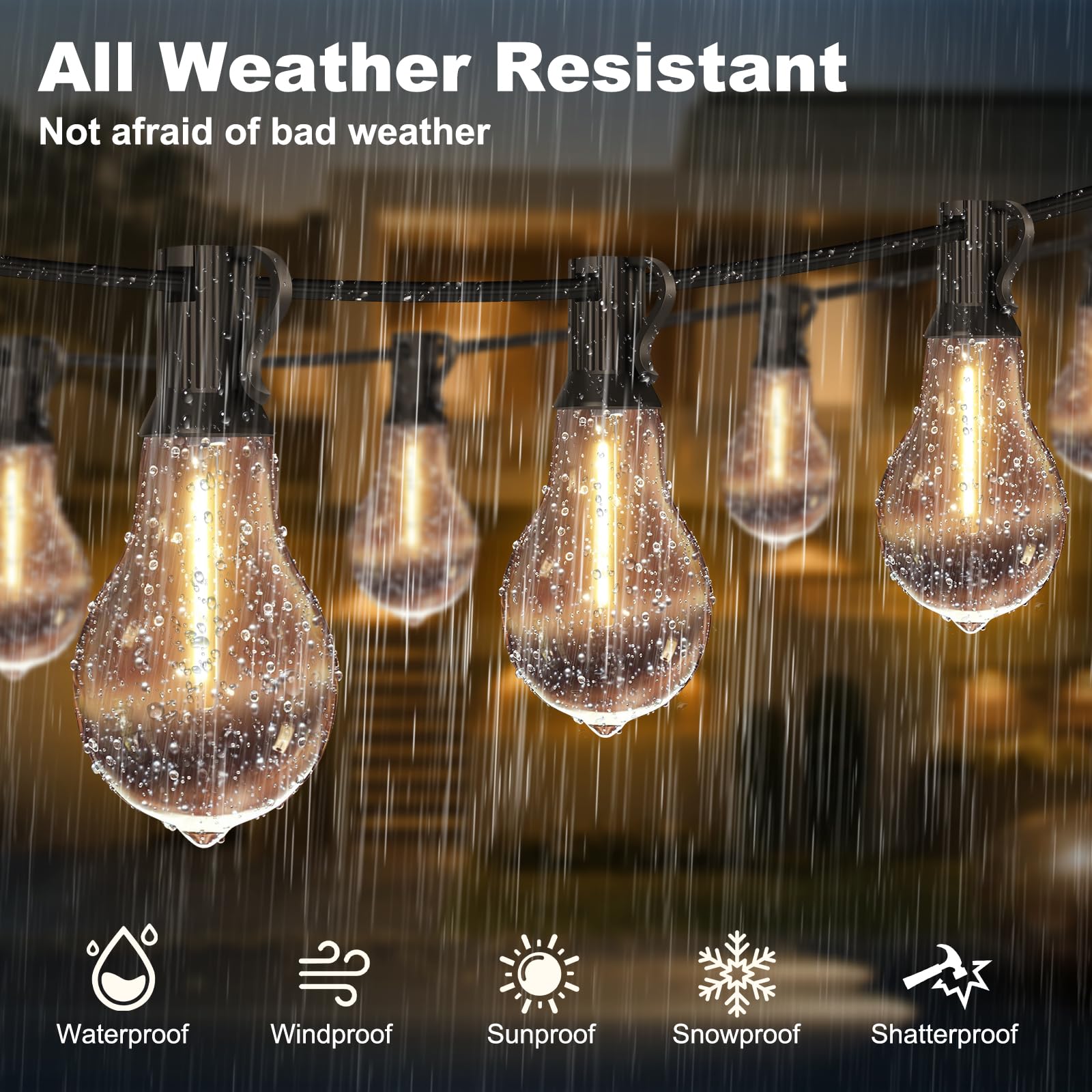 Cadena de luces para exteriores de 75 pies impermeable con 50 + 4 bombillas (espacio de bombillas de 1.5 pies), control remoto y regulador, cadena de luces comerciales para patio con 3 modos