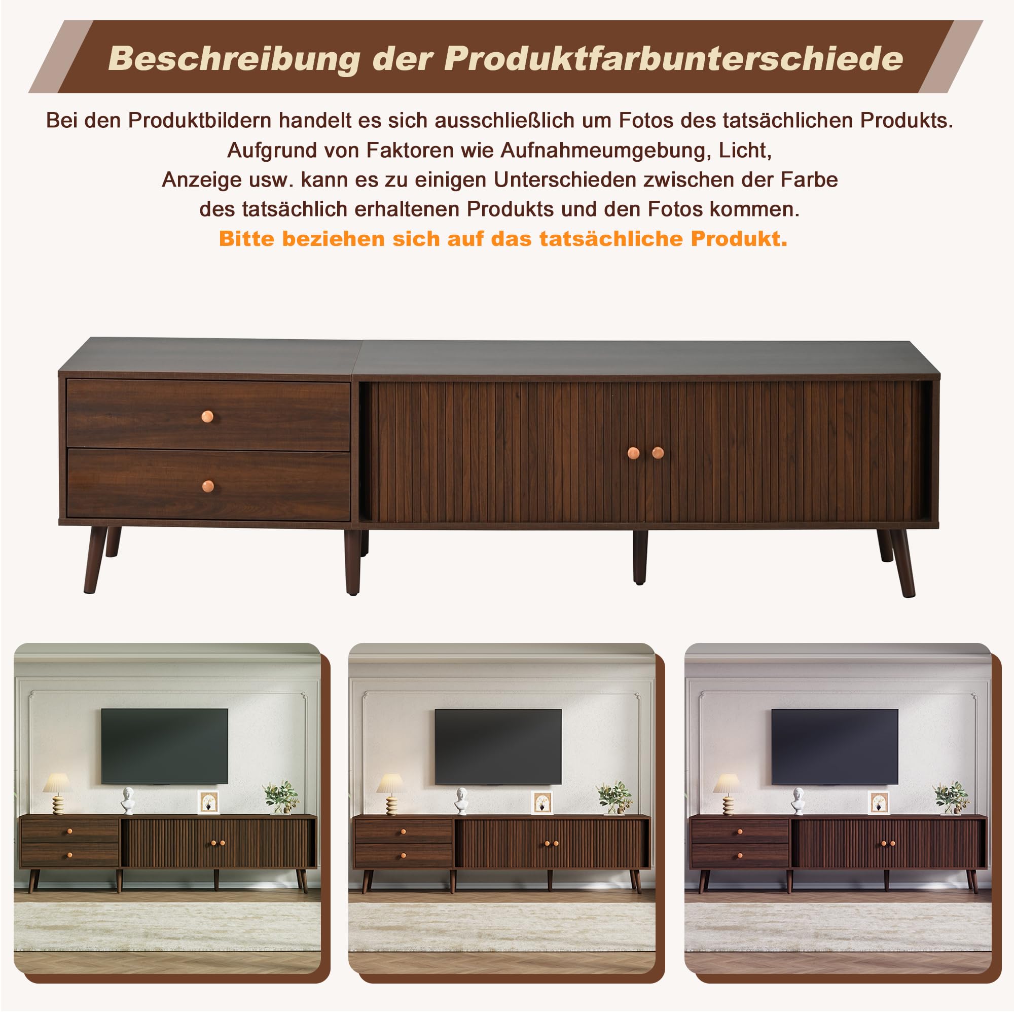Mueble para TV de 180 x 40 x 46,5 cm, efecto nogal, con dos cajones, dos puertas enrollables y 7 patas. Adecuado para televisores de hasta 80 pulgadas. Mueble bajo, armario de salón, soporte