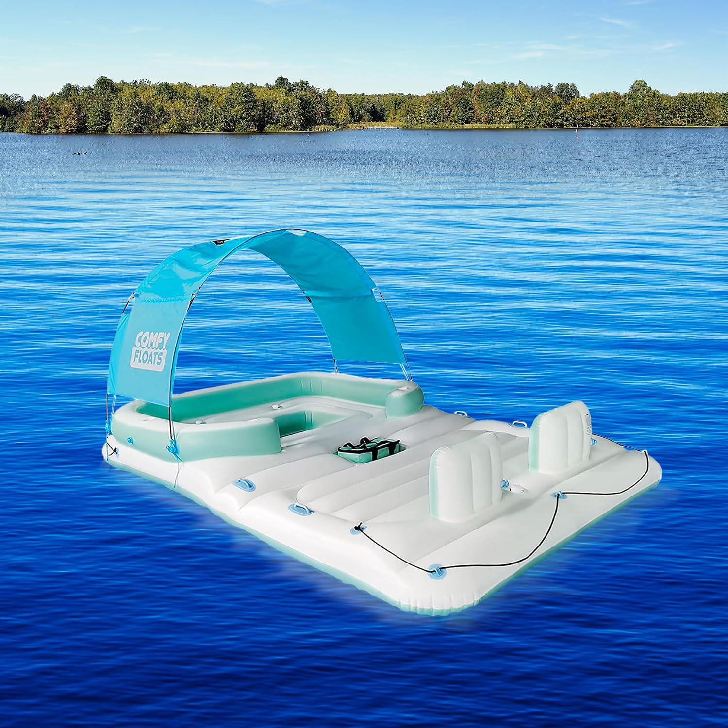 Comfy Floats 13 Foot Misting Platform Inflatable Summertime Water Float with Removable SunShade Canopy and Cupholders for 6 People, White/Aqua