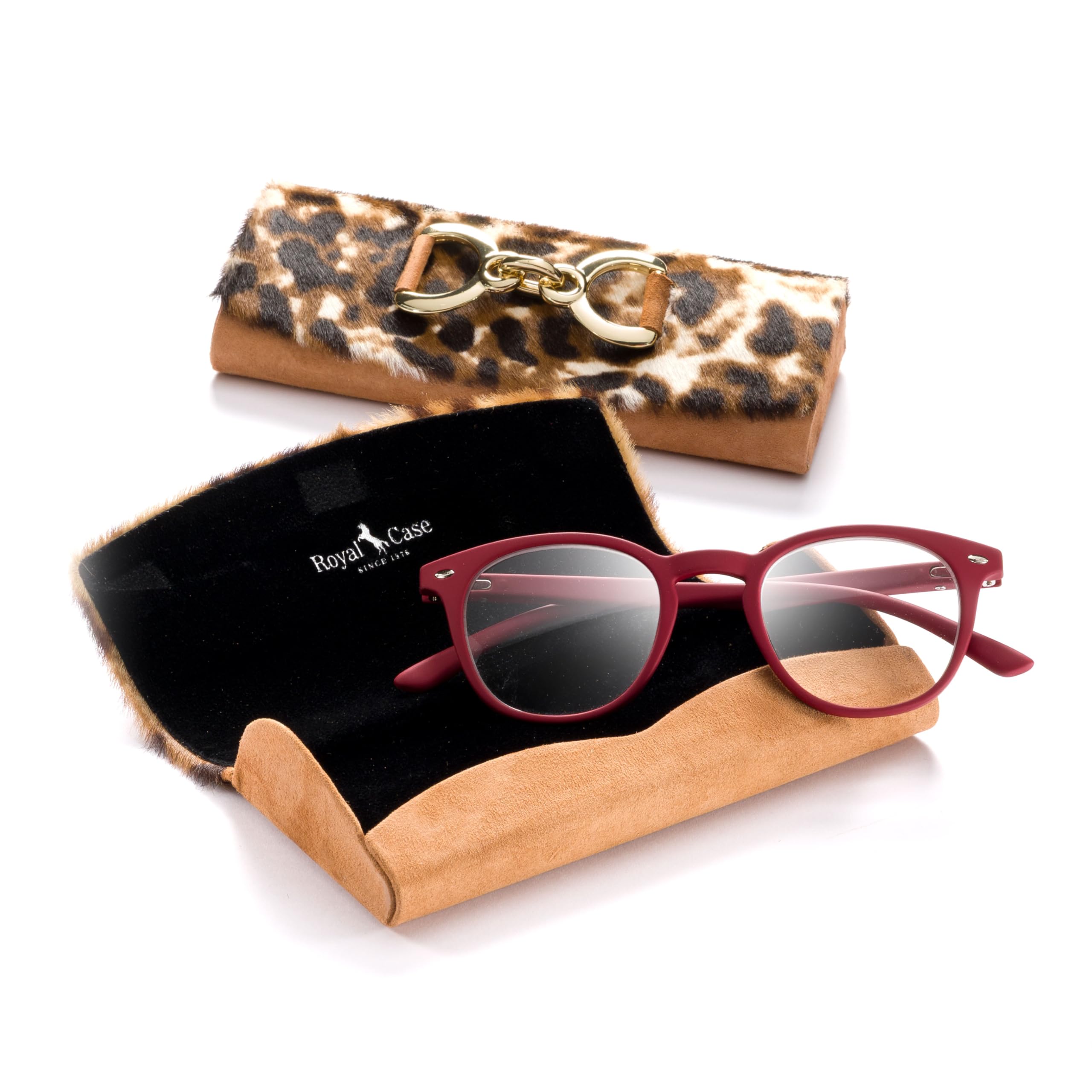 FEFI Premium Brillenetui Hardcase aus Echt-Leder & Wildleder – Handmade mit Fellbesatz & goldfarbener Applikation – Elegantes Lederetui inkl. Mikrofasertuch