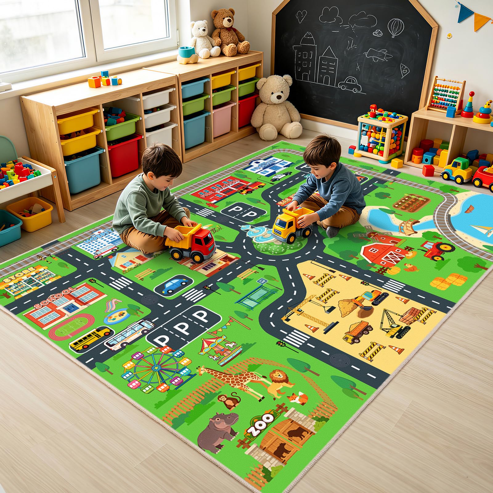 Quntue Town Road Car Rug 4x5 Ft, Non-Slip Railway Track Car Rug Play Mat