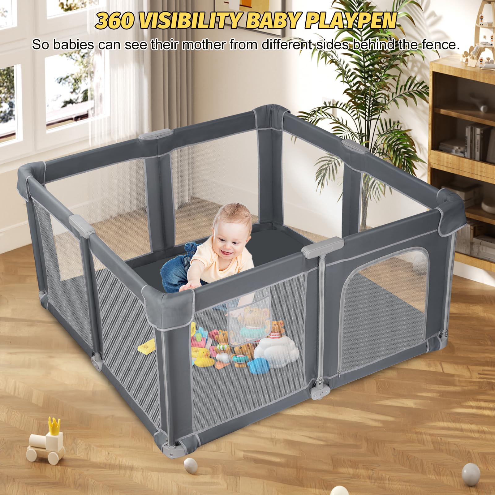 Parque Infantil Bebe 130x130cm, Parque Infantil Plegable, Corralito Bebe con Malla Transpirable,Parque de Juegos Bebe, Playpen Bebe (Gris oscuro)