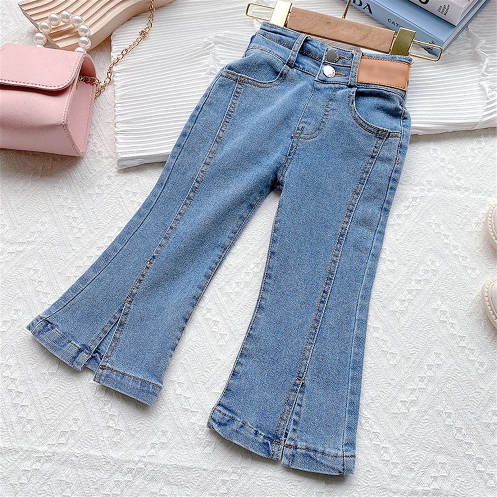 Girls Wide Leg Jeans Elastic Waist Flared Stretchy Denim Pants Trousers Casual Jeans with Pockets (Blue, 18-24 Months)