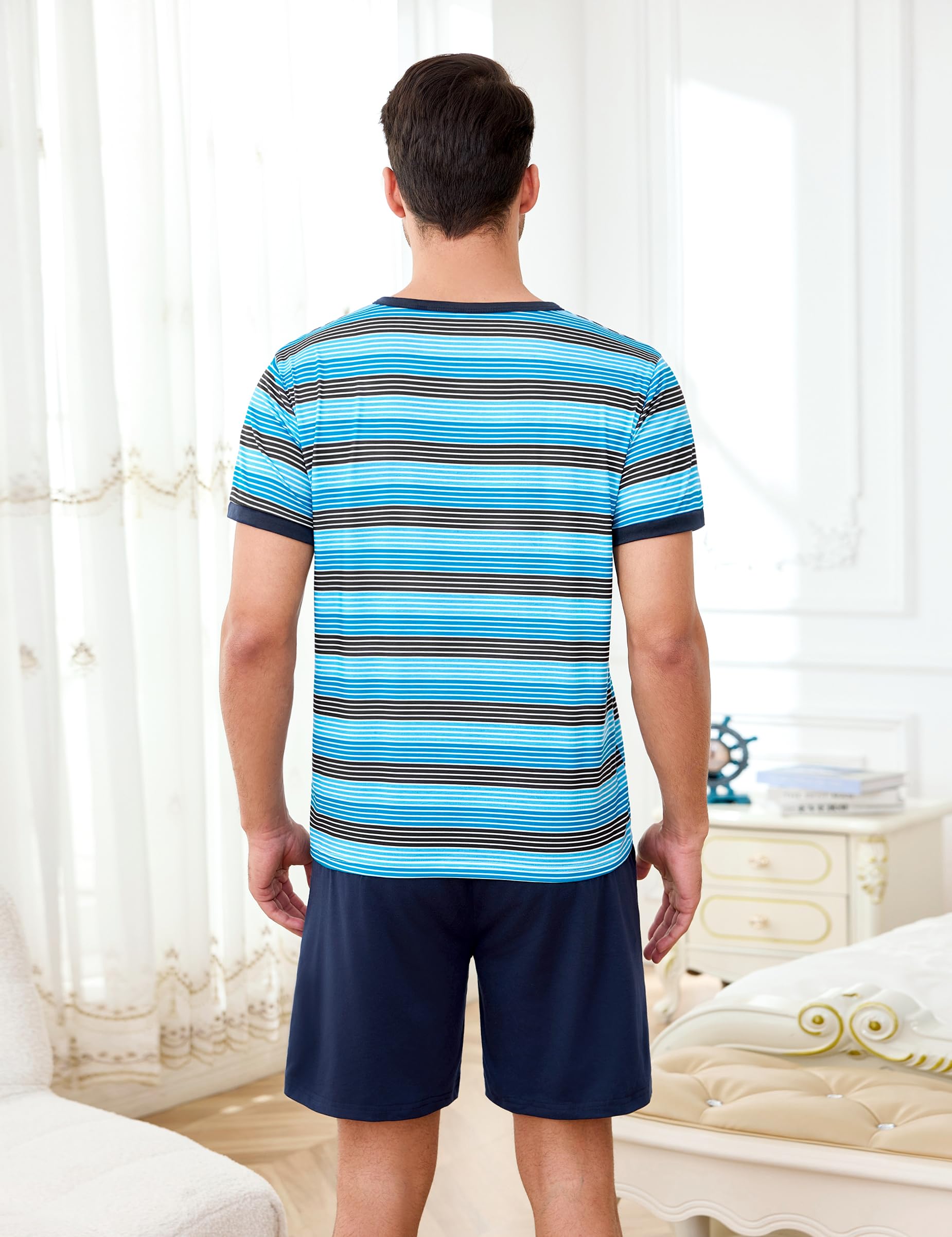 Pijamas Hombre Verano Algodón Conjunto de Pijama para Hombre Corto Ropa de Dormir de Rayas Manga Corta con Bolsillos 2 Piezas
