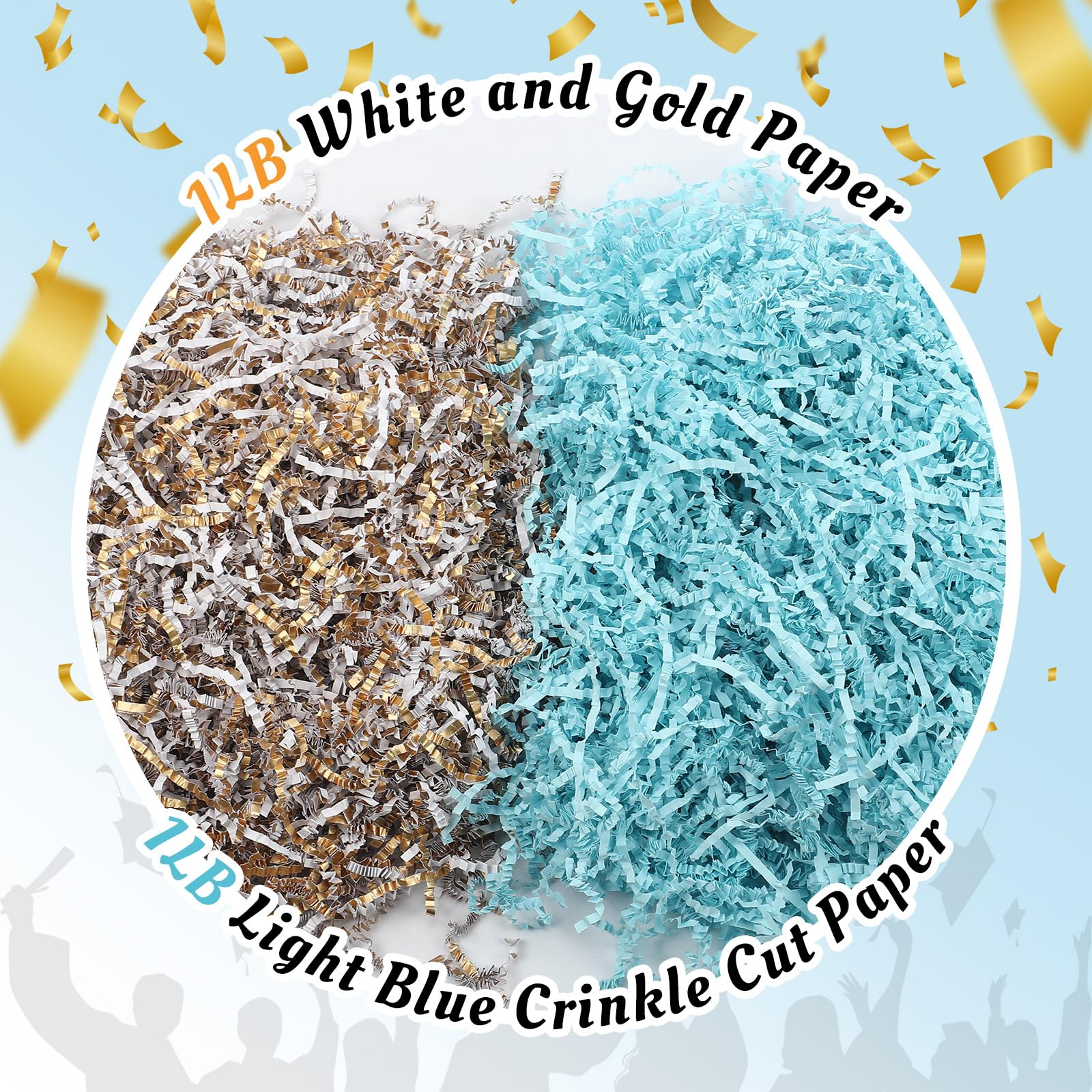 Papel de corte arrugado de 2 libras para cestas de regalo, papel triturado para caja de regalo, papel de rafia azul claro y dorado para embalaje de graduación para fiestas, cumpleaños
