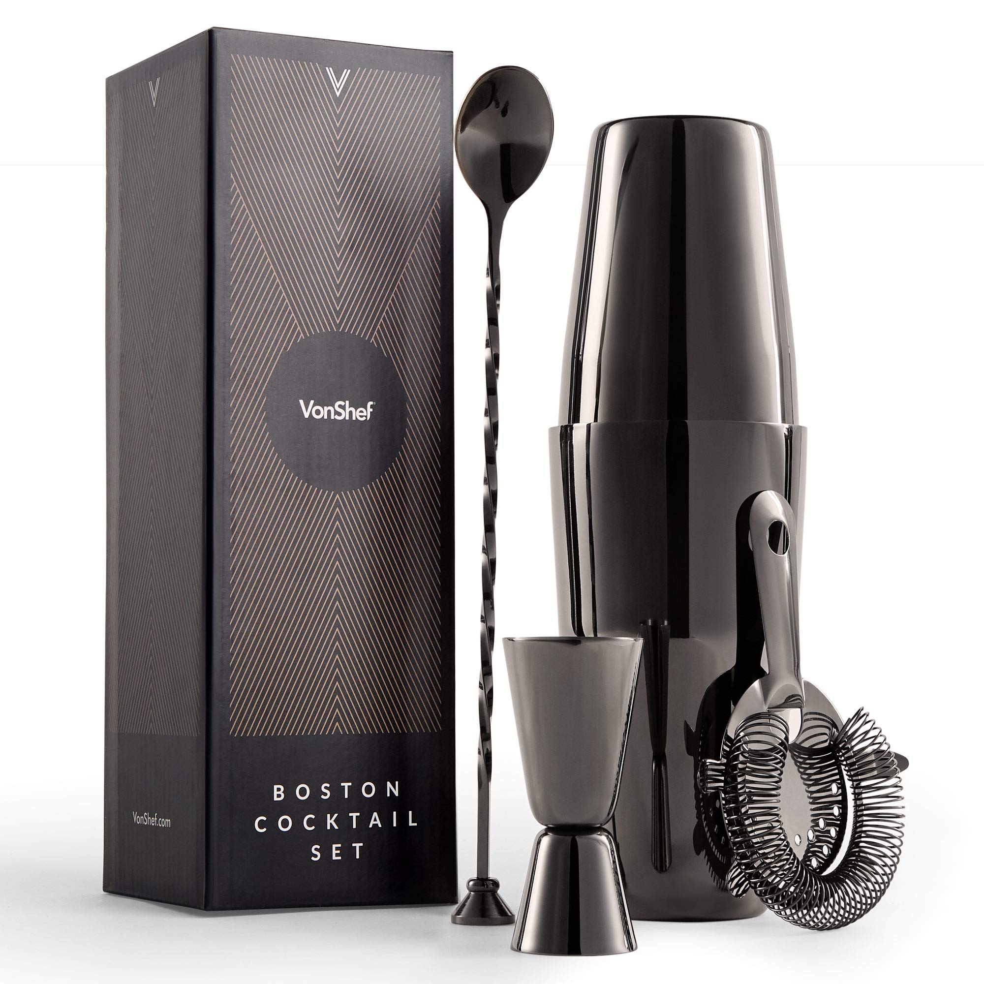 VonShef Graphite Boston Cocktail Making Set - 7 Piece Set with Accessories including 800ml Shaker, Spoon & Muddler, Double Jigger and Strainer