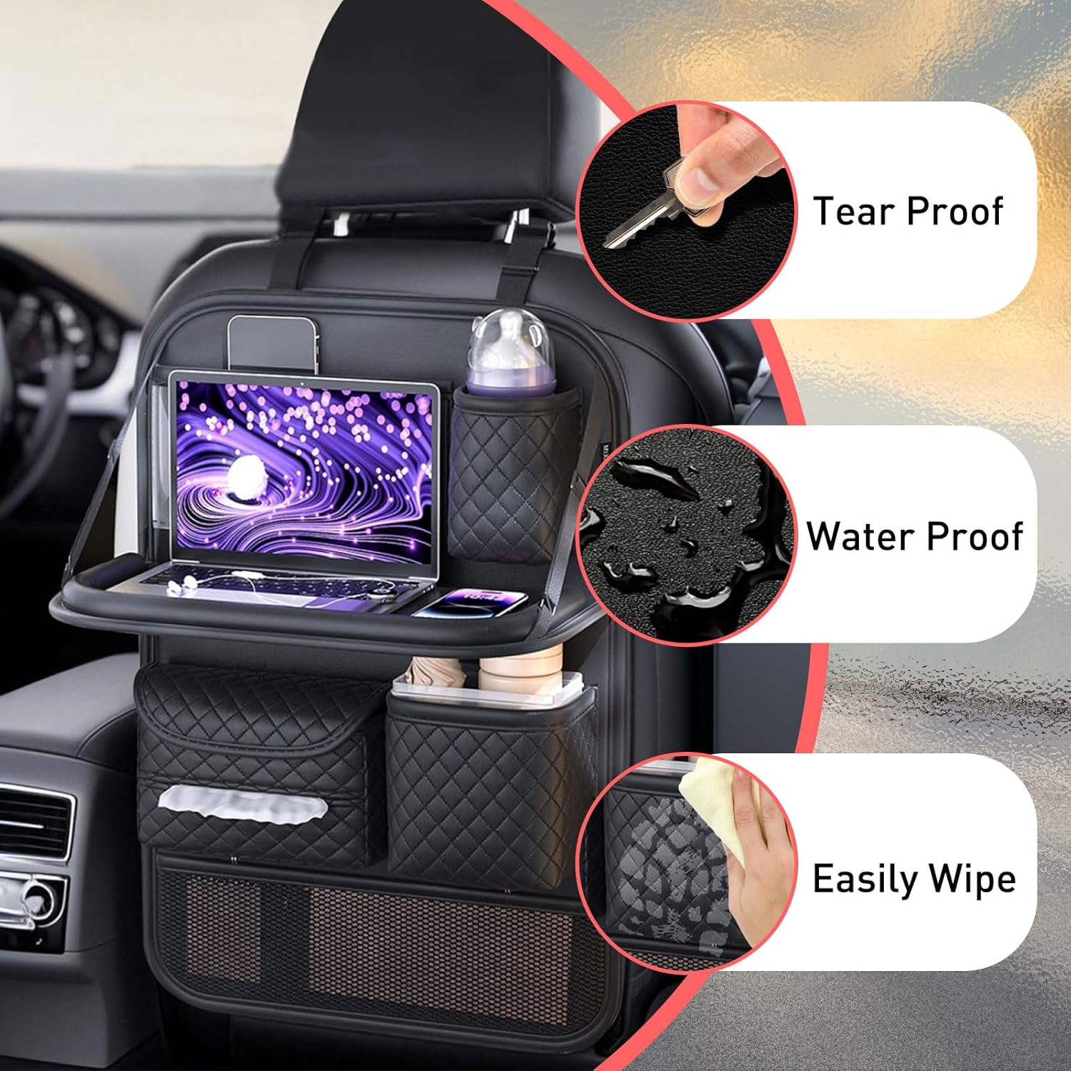 Leather Car Backseat Organizer with Foldable Table Tray, Hanging Car Storage Bag with Touch Screen Phone Holder, Car Seat Back Protectors Kick Mats Travel Accessories (1)