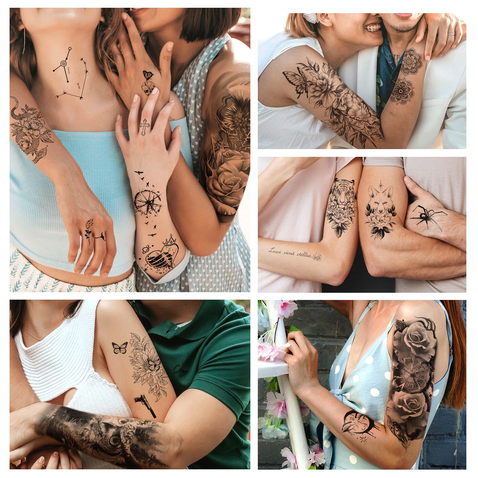 77 hojas de tatuajes temporales impermeables para niñas o niños, 17 hojas más grandes, medio brazo, león, lobo, búho, alce, serpiente, mariposa, rosa, tatuajes falsos para hombres o mujeres y 6