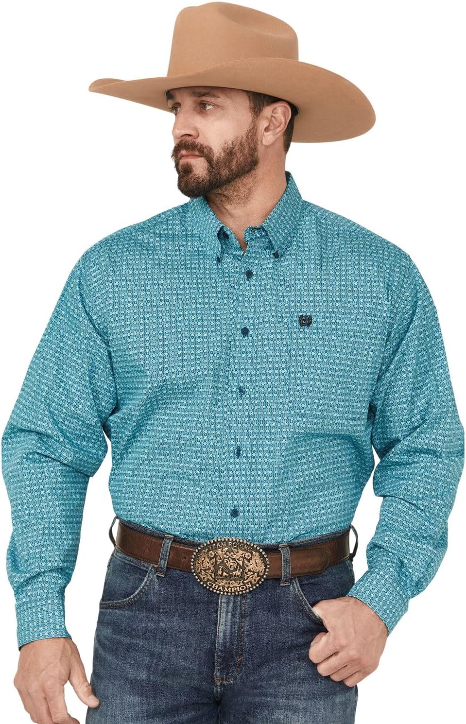Cinch Mens Turquoise Medallion Print Long Sleeve Button Down Shirt