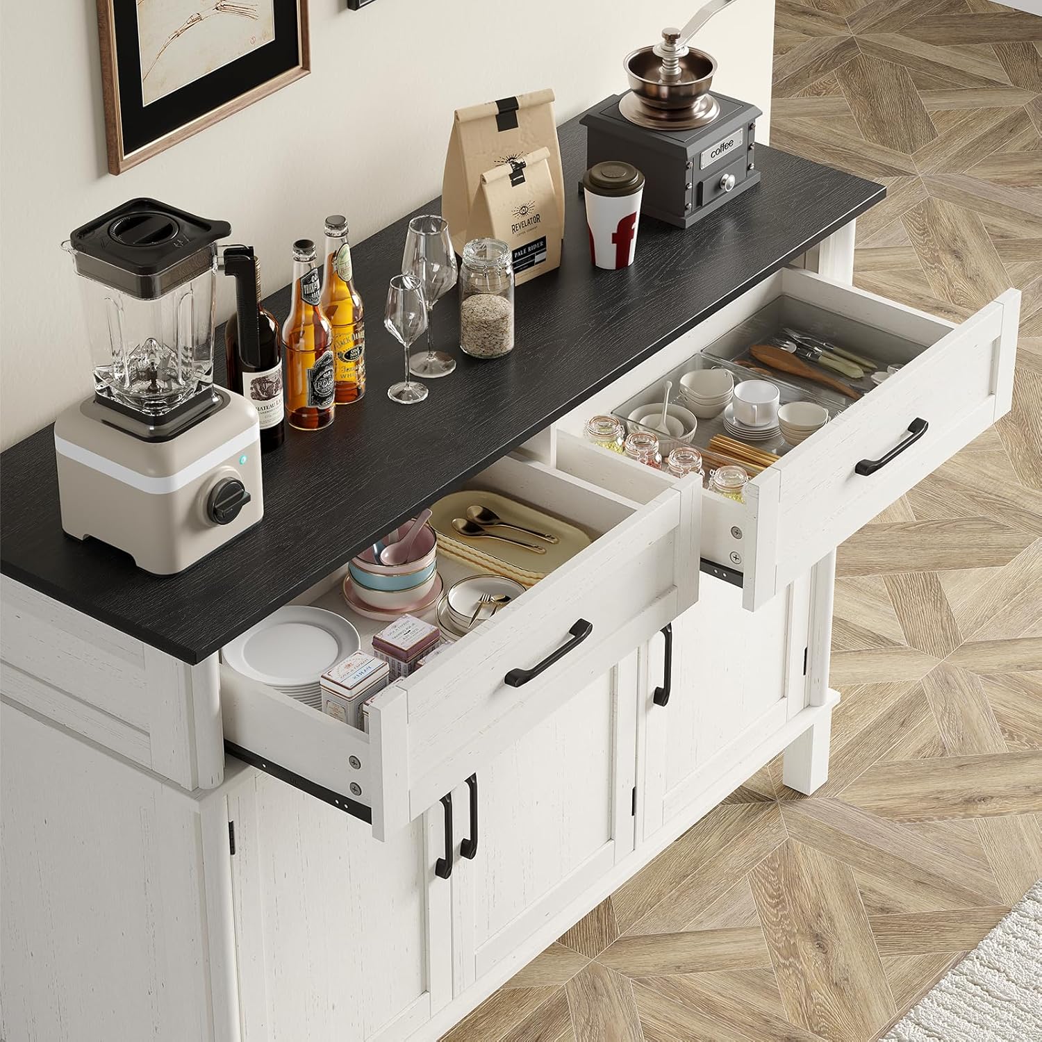 48 Inch Sideboard Buffet Cabinet with Storage, Farmhouse Coffee Bar Cabinet with 2 Drawers, Adjustable Shelves, Wood Sideboard Credenza for Kitchen, Living Room, Entryway, Off White&Black