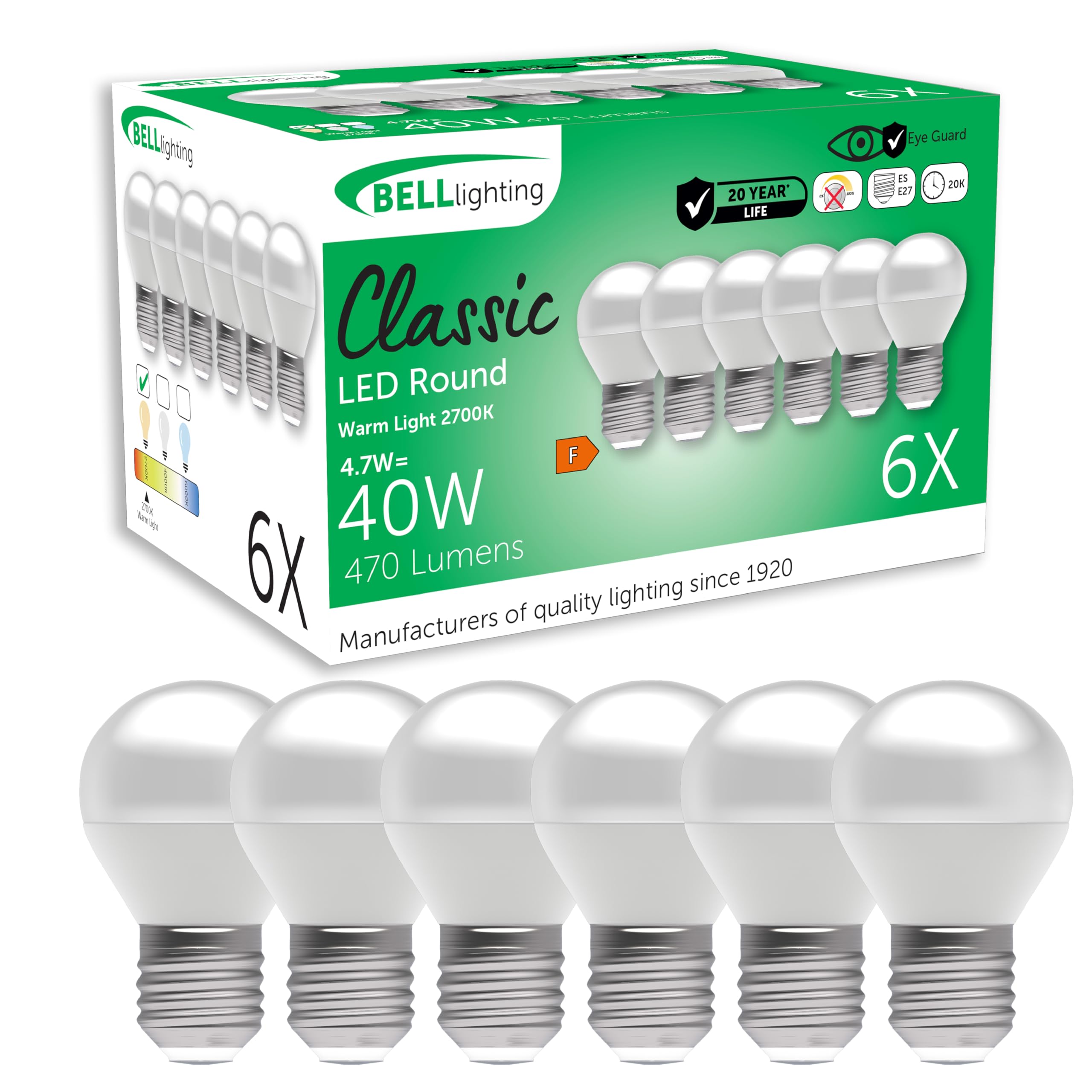 BELL Lighting E27 Edison Screw Cap Non Dimmable Light Bulb LED Golf Ball 6 Pack | Warm White 2700K | 470 Lumen 4.7W | Energy Saving Round LED Light Bulb | 40W Lamp Equivalent