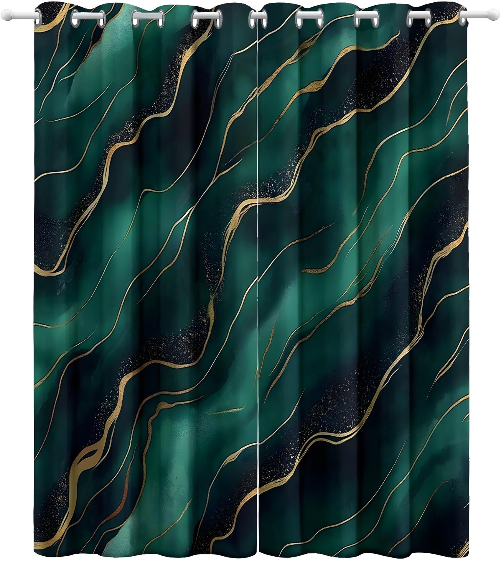 KaiHeBeding Gold Geometric Pattern Blackout Curtains for Bedroom - Deep Green Textures Living Room Curtains 90x108 Eyelet - Soft Thermal Insulated Patterned Drapes for Windows - 2 Panels