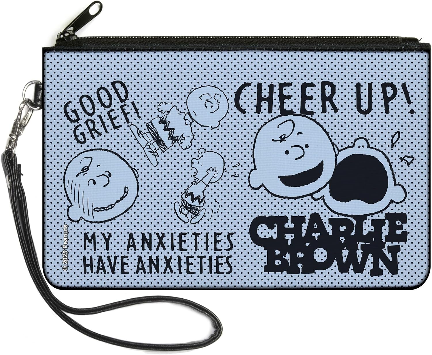 Buckle-Down Peanuts Wallet, Zip Pouch, Charlie Brown Poses and Quotes Baby Blue Black, Canvas