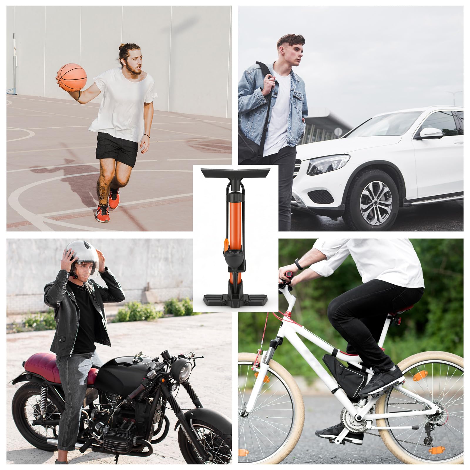 Pompa per Bicicletta da Pavimento con Manometro, Alta Pressione 160 PSI per Valvole Presta e Schrader, Arancione