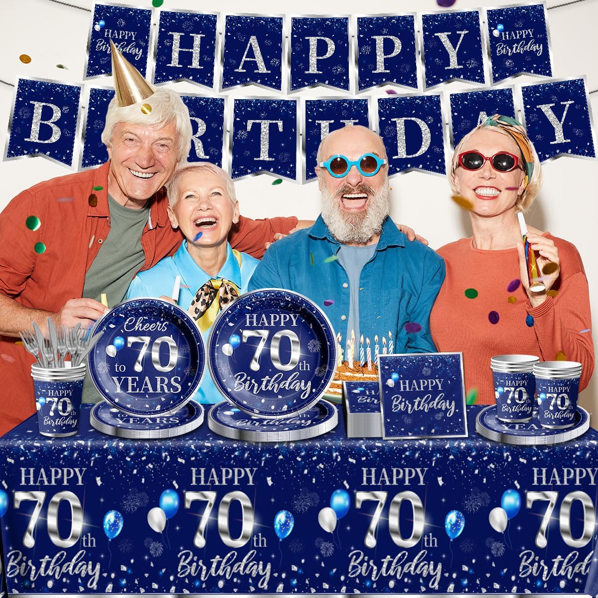 GREHUMOR 142 Pcs 70th Birthday Tableware Set Decorations Sliver and Blue 70th Happy Birthday Party Supplies for Men Women Birthday Tablecloth,Plates, Napkins, Cups,Forks and Knives - Image 6