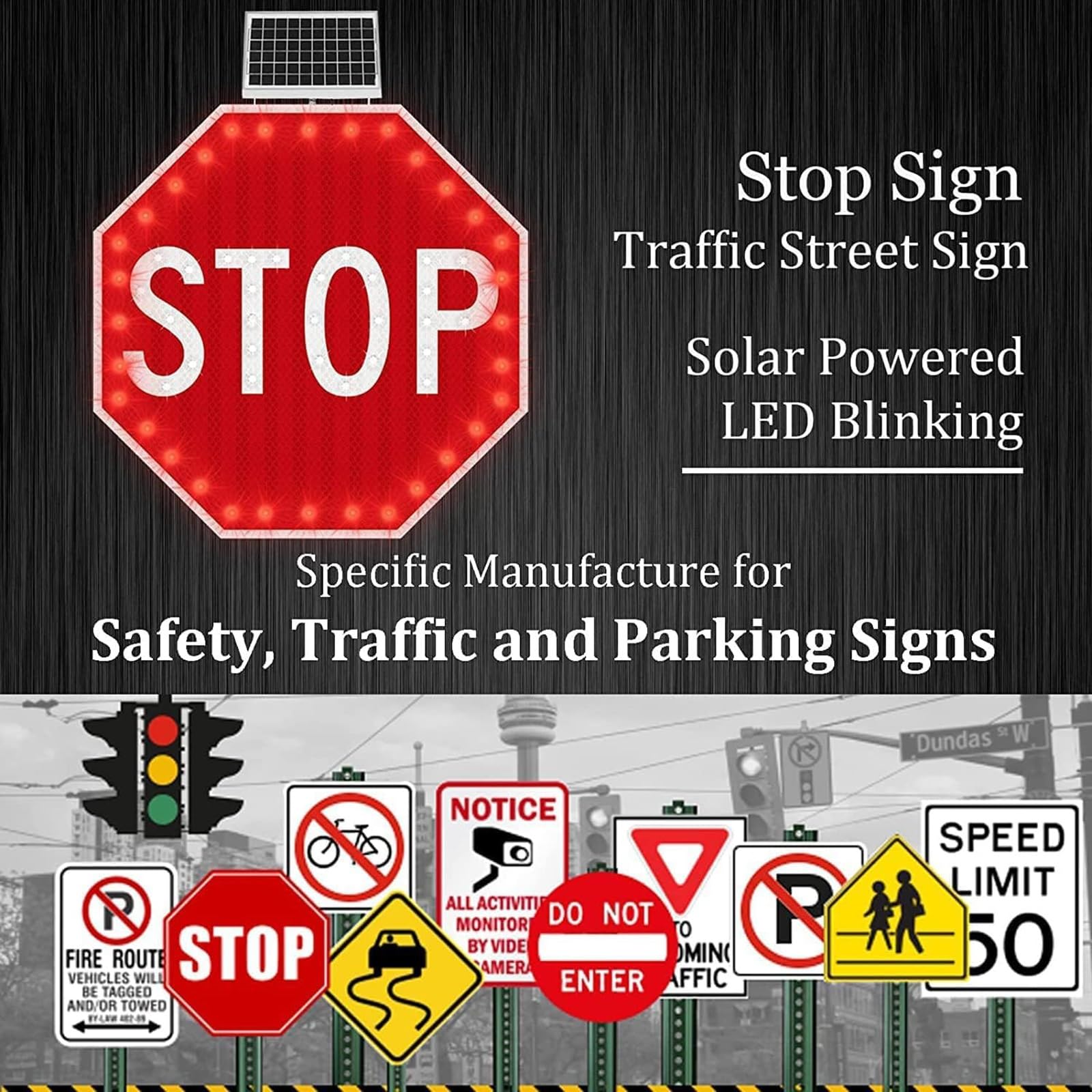 Señal de parada intermitente con energía solar, señal de advertencia de tráfico reflectante LED, marco de metal resistente a la intemperie, octágono de aluminio para calzadas y garajes