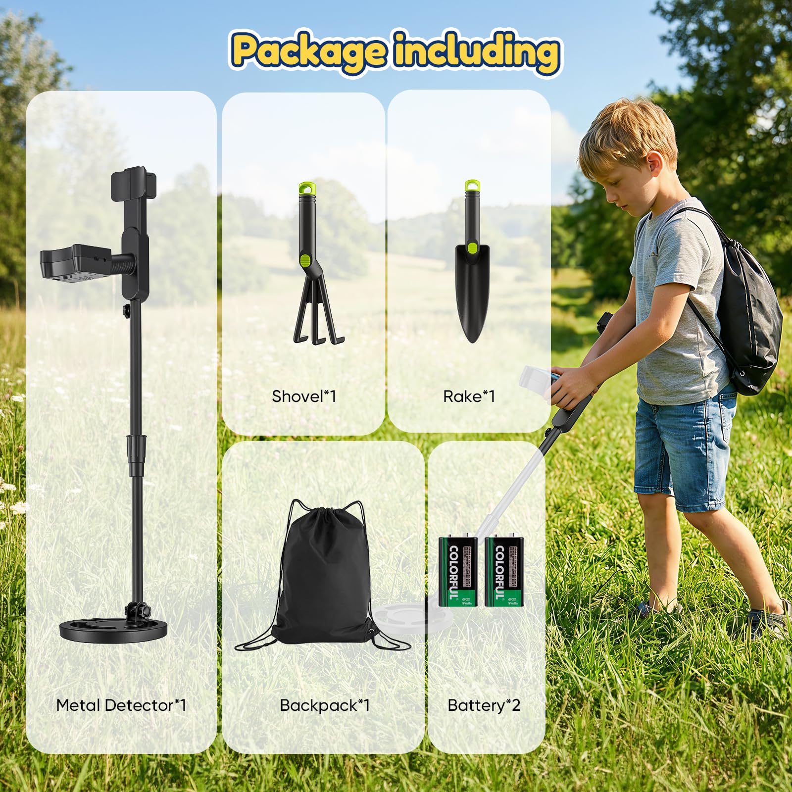 Metal Detector Bambini, Metal Detector per Bambino con Asta Regolabile, 2 Modalità Display LCD, Bobina di Ricerca Impermeabile, Ad Alta Sensibilità Metal Detector per Bambini con Borsa Pala Rastrello