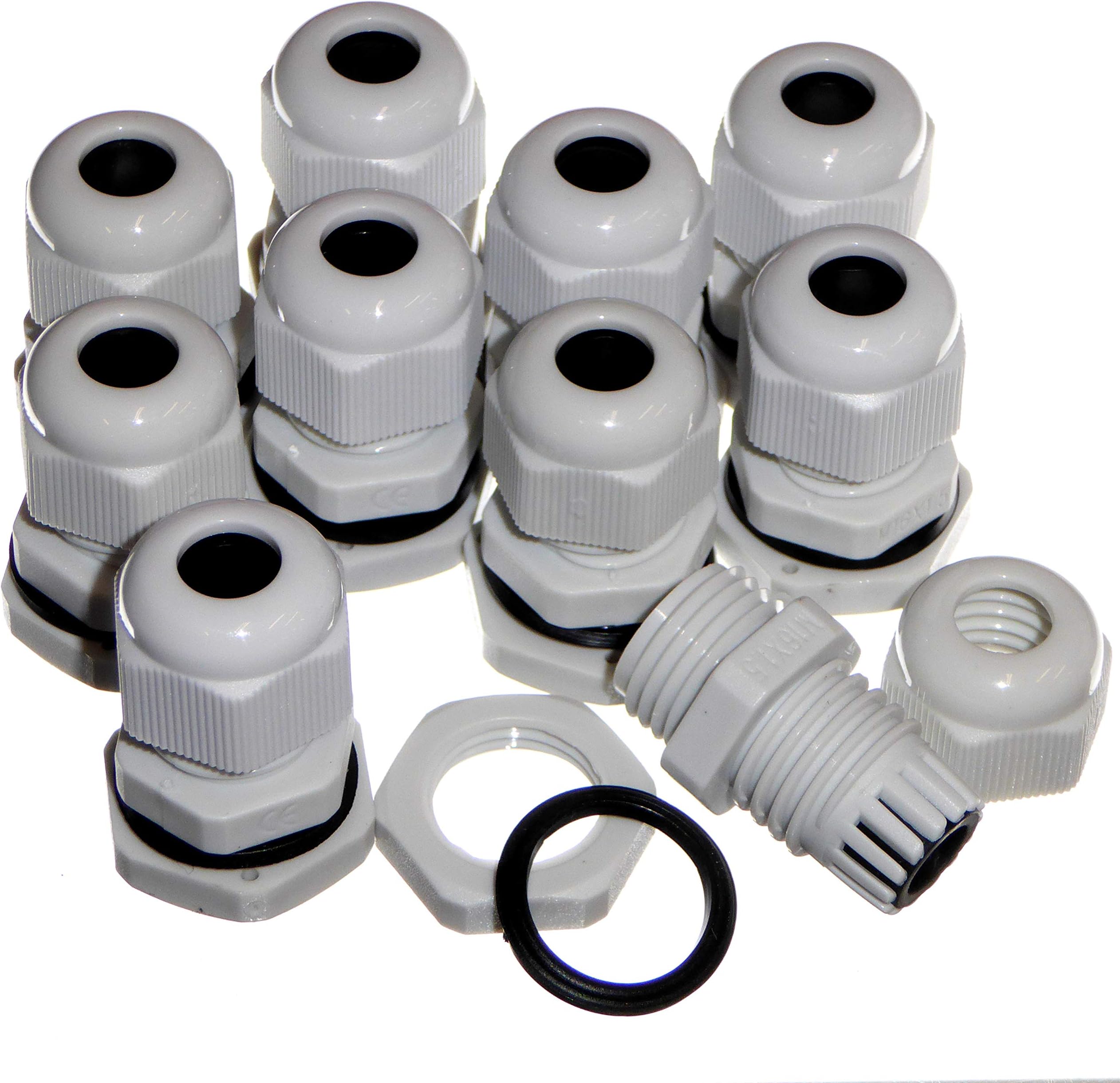 10 Pack Grey M16 IP68 16mm Cable Compression Glands with Locknut and Seal for 4-8mm Round Cable - MCG Industrial M16G