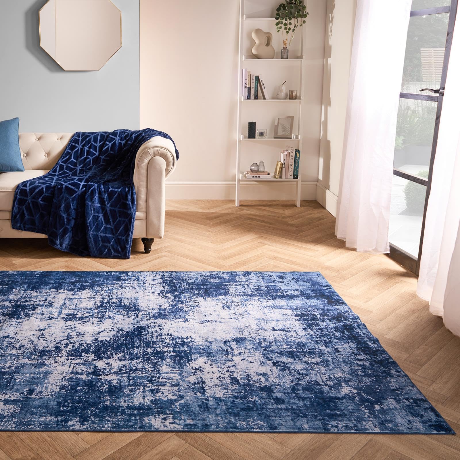OHS Washable Living Room Rug, Soft & Comfortable Abstract Print in Rich Navy Tones, Ideal for Living Rooms, Entryways, Kitchens, 120x170cm Floor Rug - Navy โ image 1