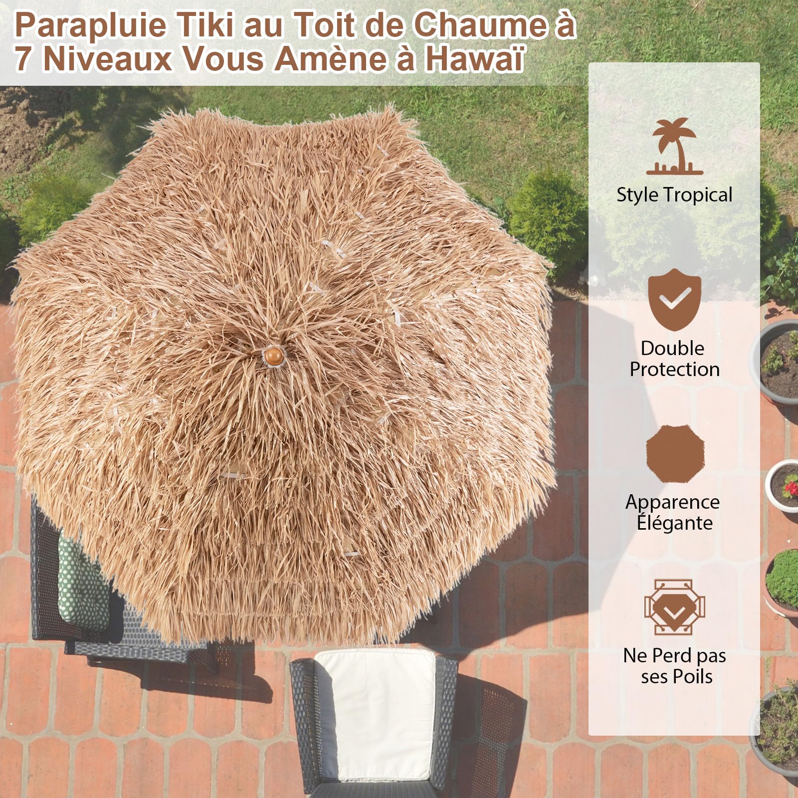 RELAX4LIFE Parasol Plage Tropicale Φ220 CM, Parasol Exotique Paille Hawaïen 8 Baleines Inclinable pour Balcon Patio Balcon