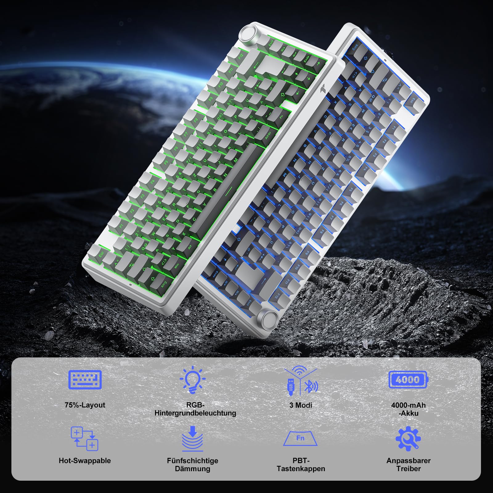 TECURS 75% Gaming Tastatur Kabellos, DREI-Modus 2.4GHz/BT5.0/Type-C RGB Rote Schalter Mechanische Tastatur, Hot Swap, Seitliche Gravur PBT-Tastenkappen mit Drehknopf, QWERTZ (Gradient Grau)