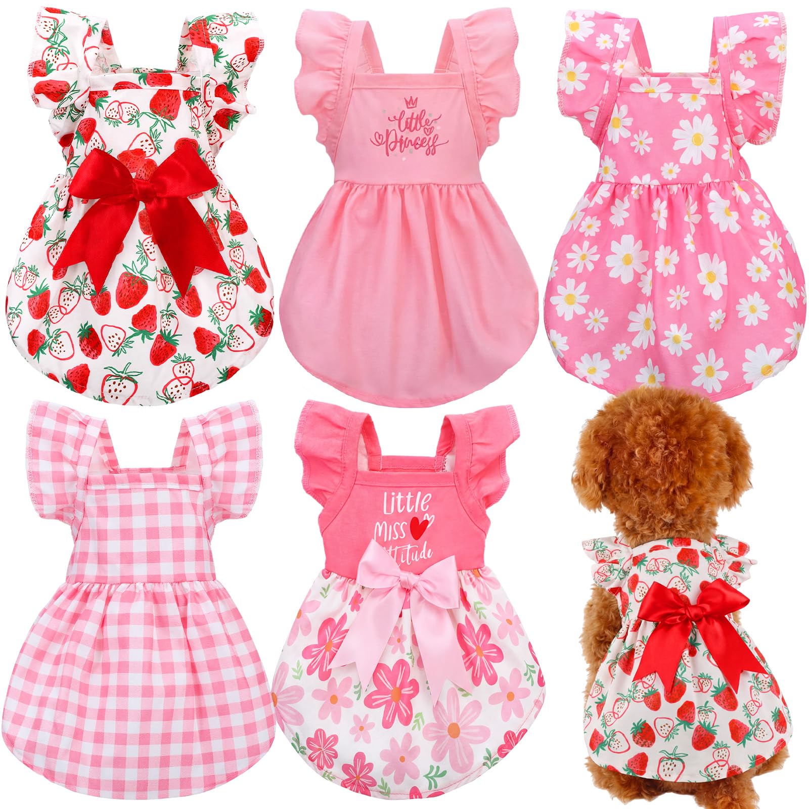 Photo 1 of Abbylike 5 Pcs Dog Dress Floral Daisy Plaid Bowknot Dog Clothes Cute Summer Puppy Dresses Outfits Soft Apparel for Pets Cats Female(Pink Sweet,X-Large)