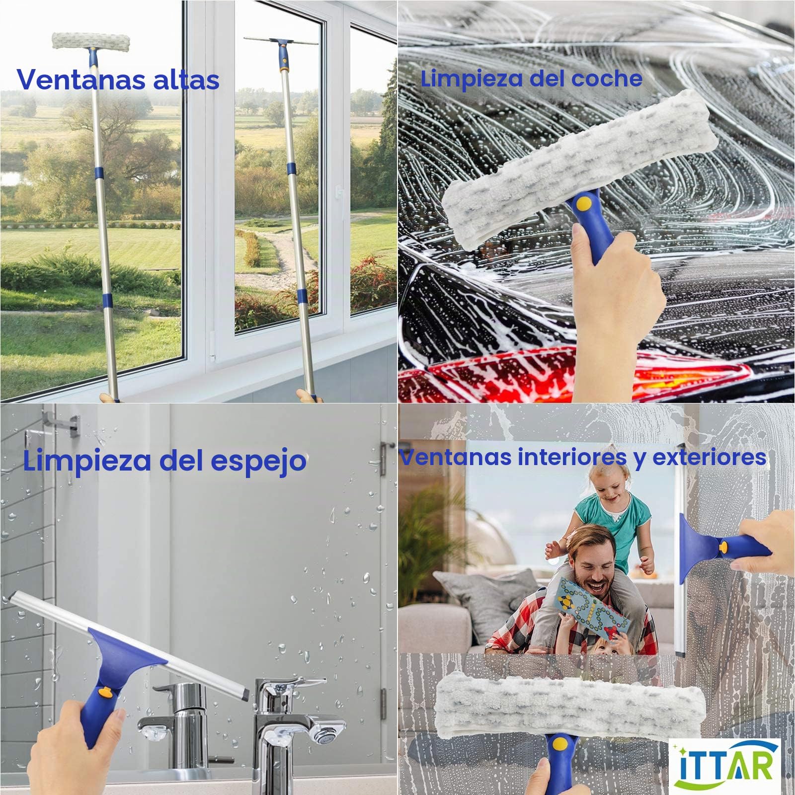 ITTAR Limpiacristales, escobilla giratoria y Estropajo de Microfibra con Poste Extensible de Acero Inoxidable de 3 Secciones, Herramienta de Limpieza de Ventanas con 2 Almohadillas de Microfibra para