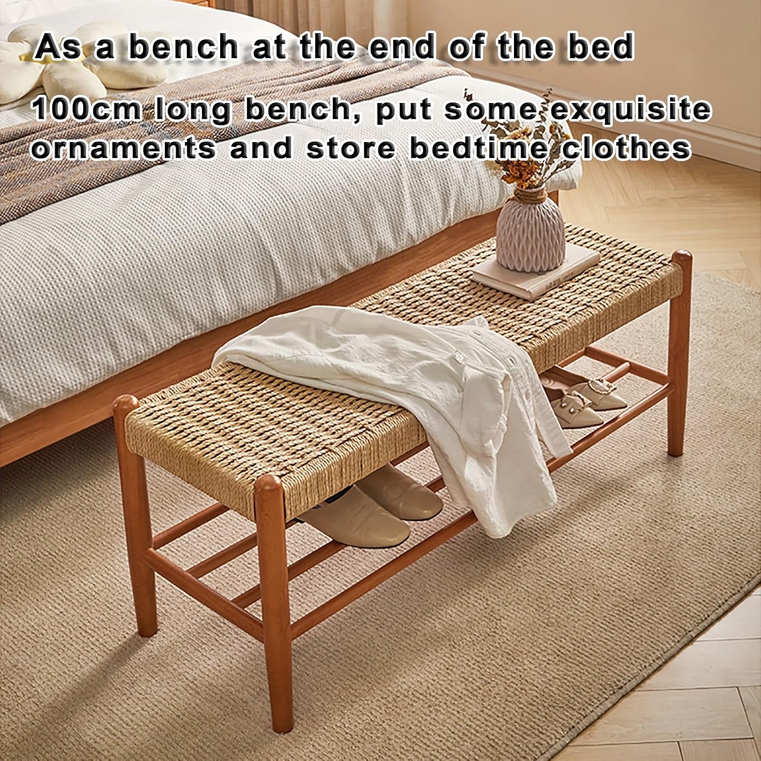 Farmhouse bench，Farmhouse Indoor Wooden Living room Dining Bench, Modern Wicker Rattan Dining Bench，Natural Wood，Versatile Indoor Furniture, for Dining Room, Living Room, Hallway, Kitchen, Entryway(10