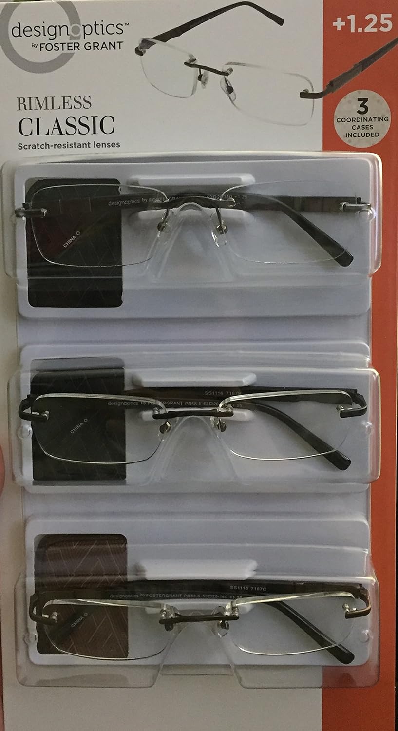Design Optics Rimless Classic Reading Glasses +1.25 (3 count, includes