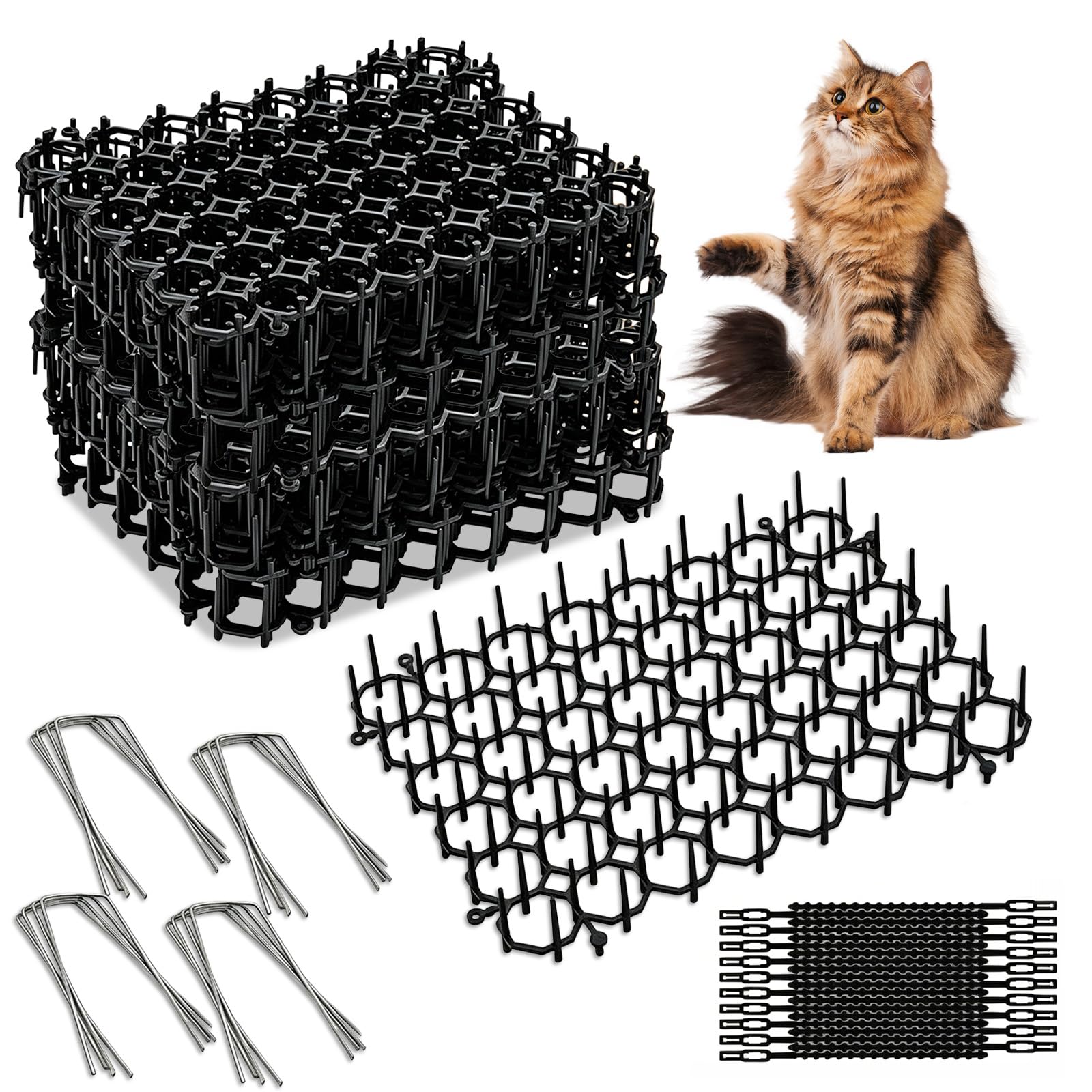 16 PCS Anti Cat Spikes, 20x15.5cm Black Plastic Cat Scat Repellent Mat with 10 U-shaped Pegs and 20 Ties Prickle Stirp Cats Deterrent for Garden, Indoor and Outdoor