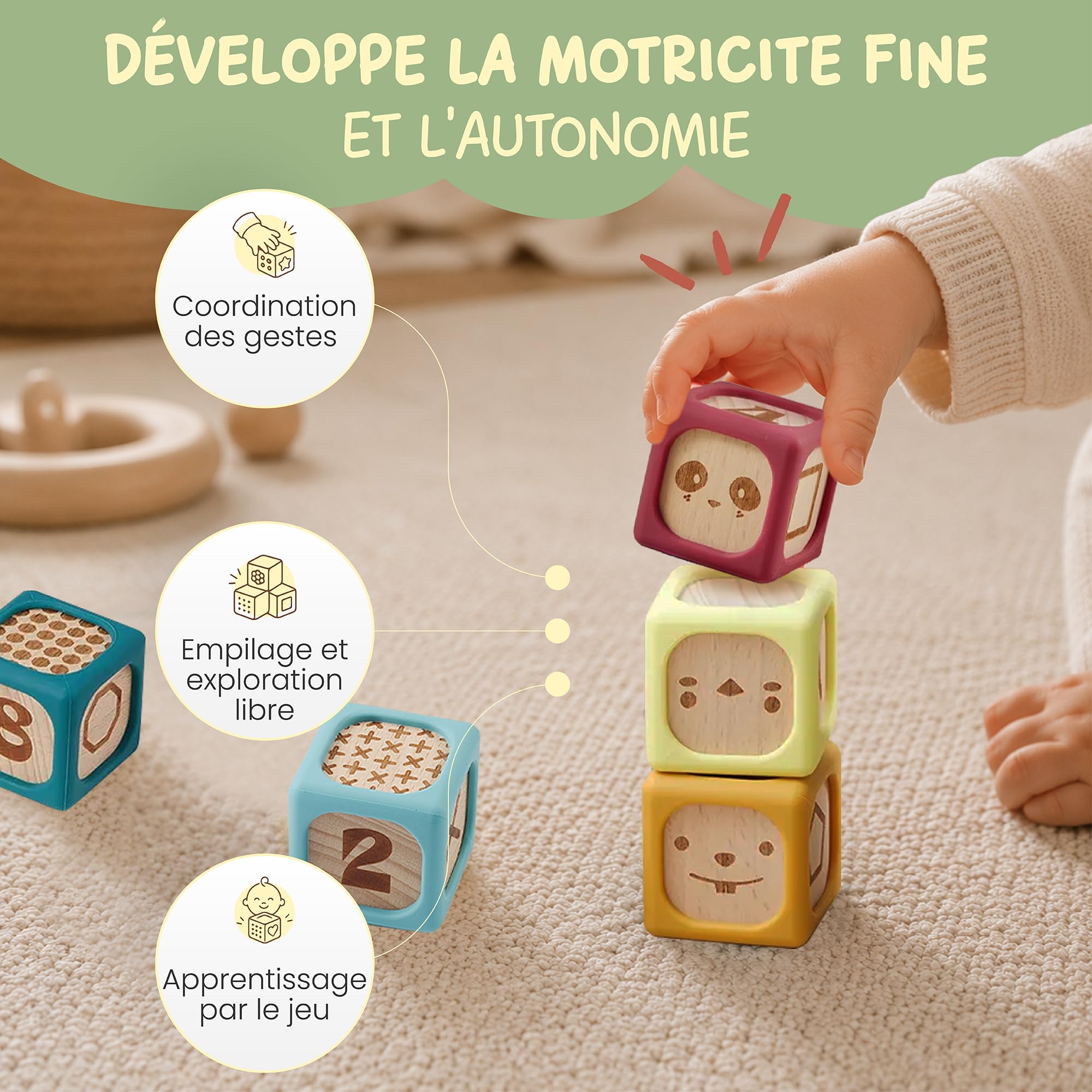 Cubes Empilables Bébé Montessori 6-24 Mois – Jouet Sensoriel Bois & Silicone sans BPA – Motricité Fine & Dentition – Cadeau Naissance – 9 Pièces