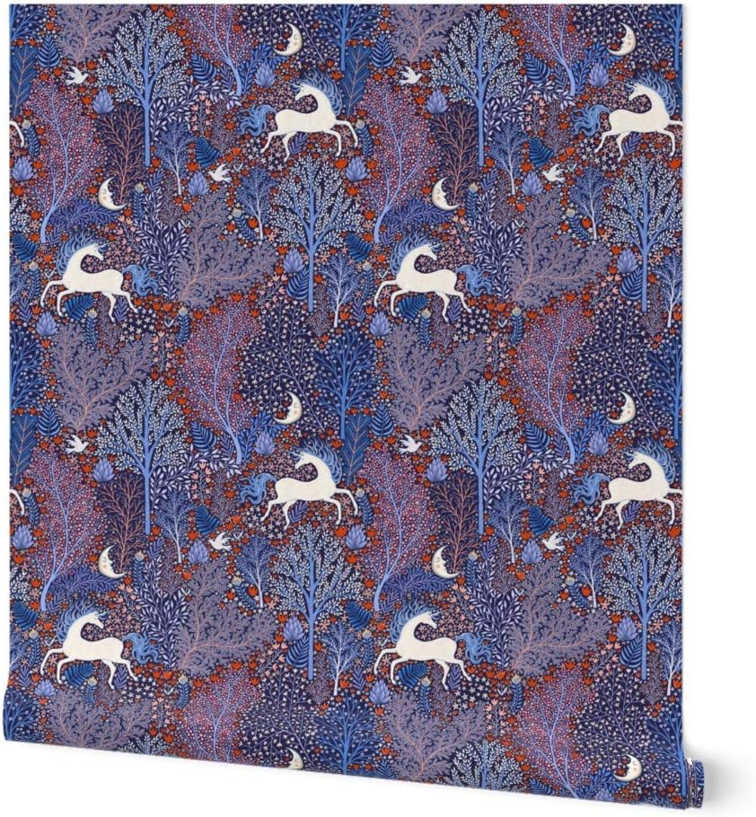 Peel & Stick Wallpaper 6ft x 2ft - Unicorns Forest Flowers Floral Unicorn Horses Scandinavian Folk Custom Removable Wallpaper by Spoonflower
