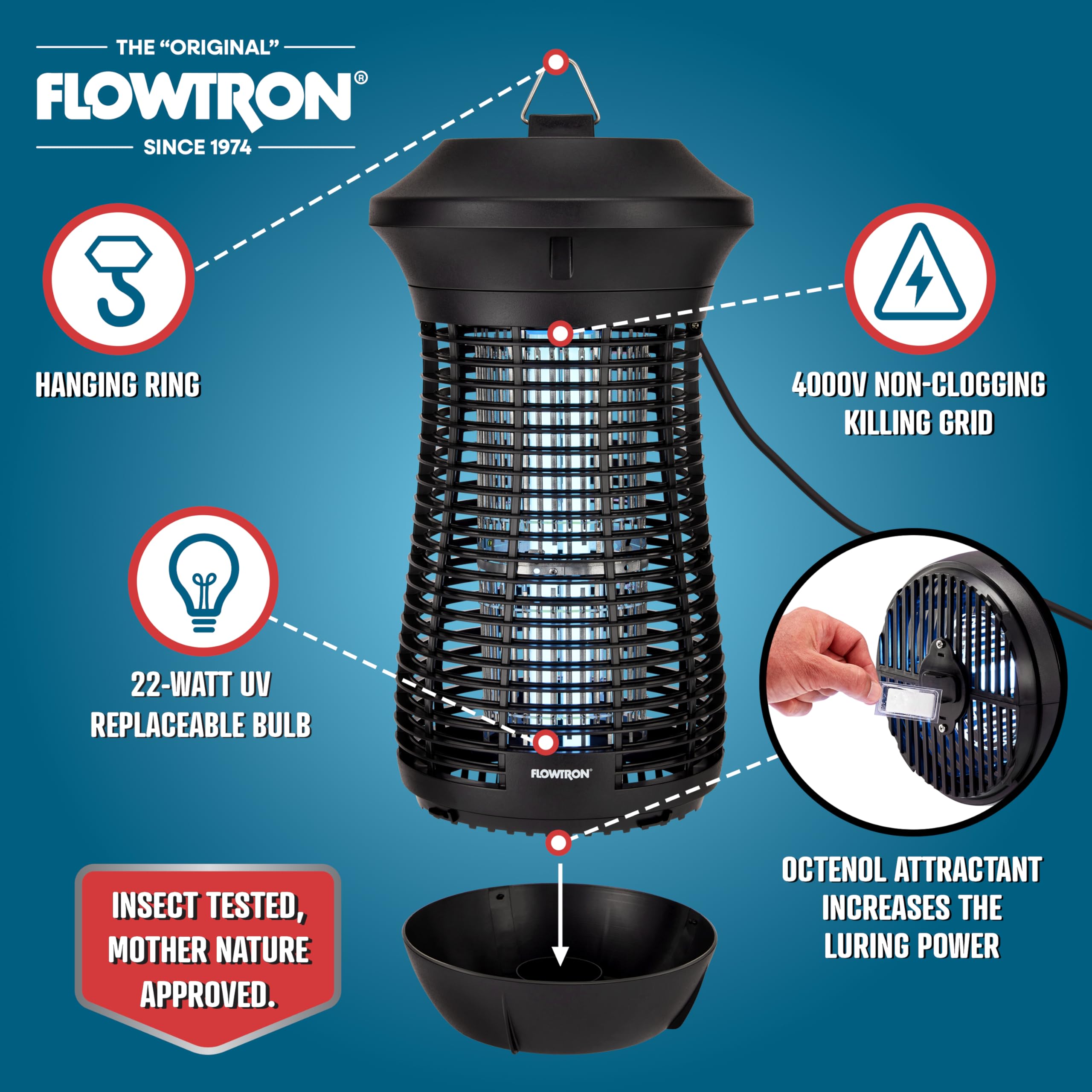 Flowtron Insektenvernichter für den Außenbereich, 4000 V, elektrischer Insektenvernichter mit ¾ Acre-Abdeckung, nicht verstopfendes Stoßgitter, tötet Mücken, Fliegen und fliegende Insekten, Terrasse