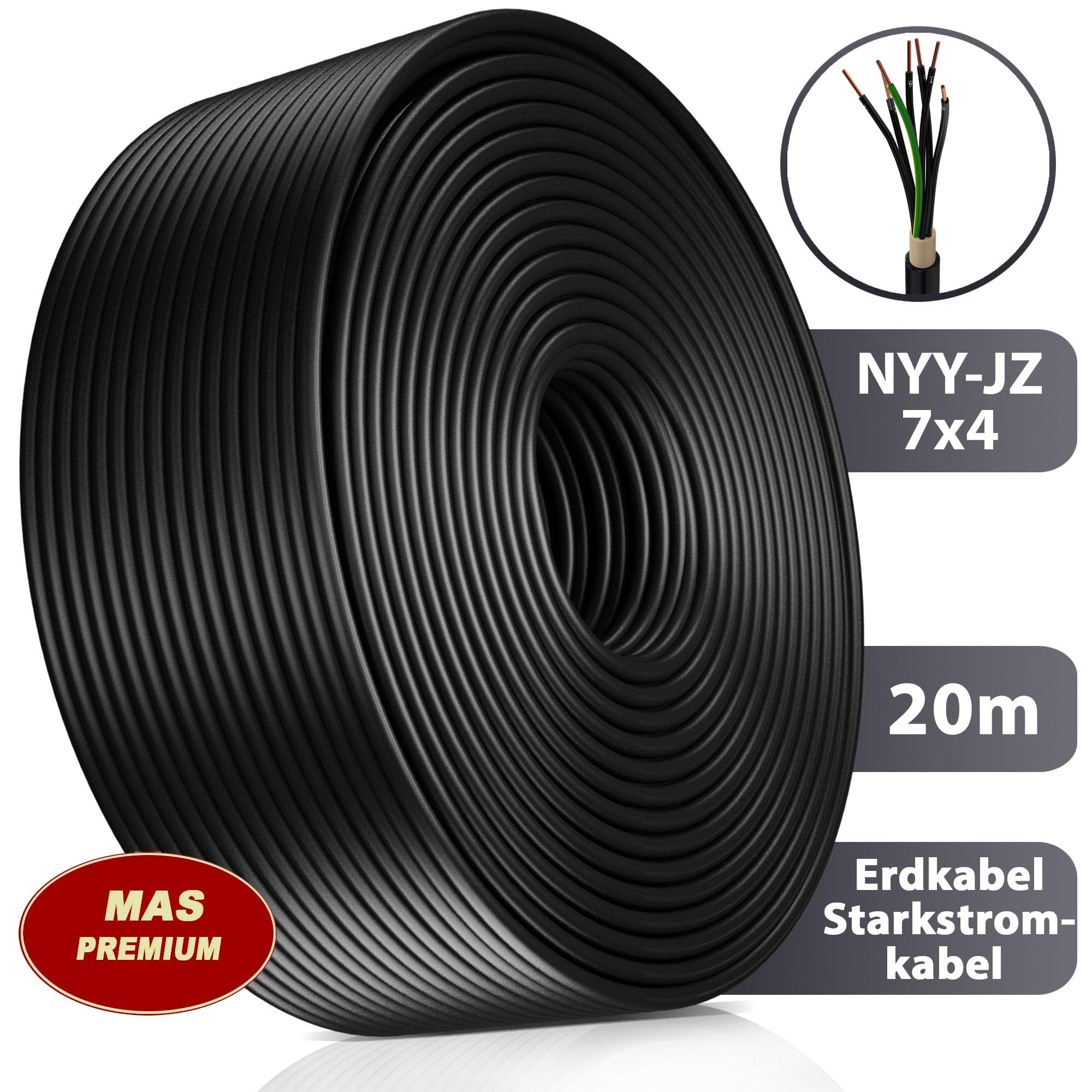 MAS Premium Erdkabel Starkstromkabel 5-100m NYY-JZ 7X1,5, 2,5 oder 4 Elektrokabel Ring zur Verlegung im Freien, Erdreich (NYY-JZ 7X4 mm², 20m)