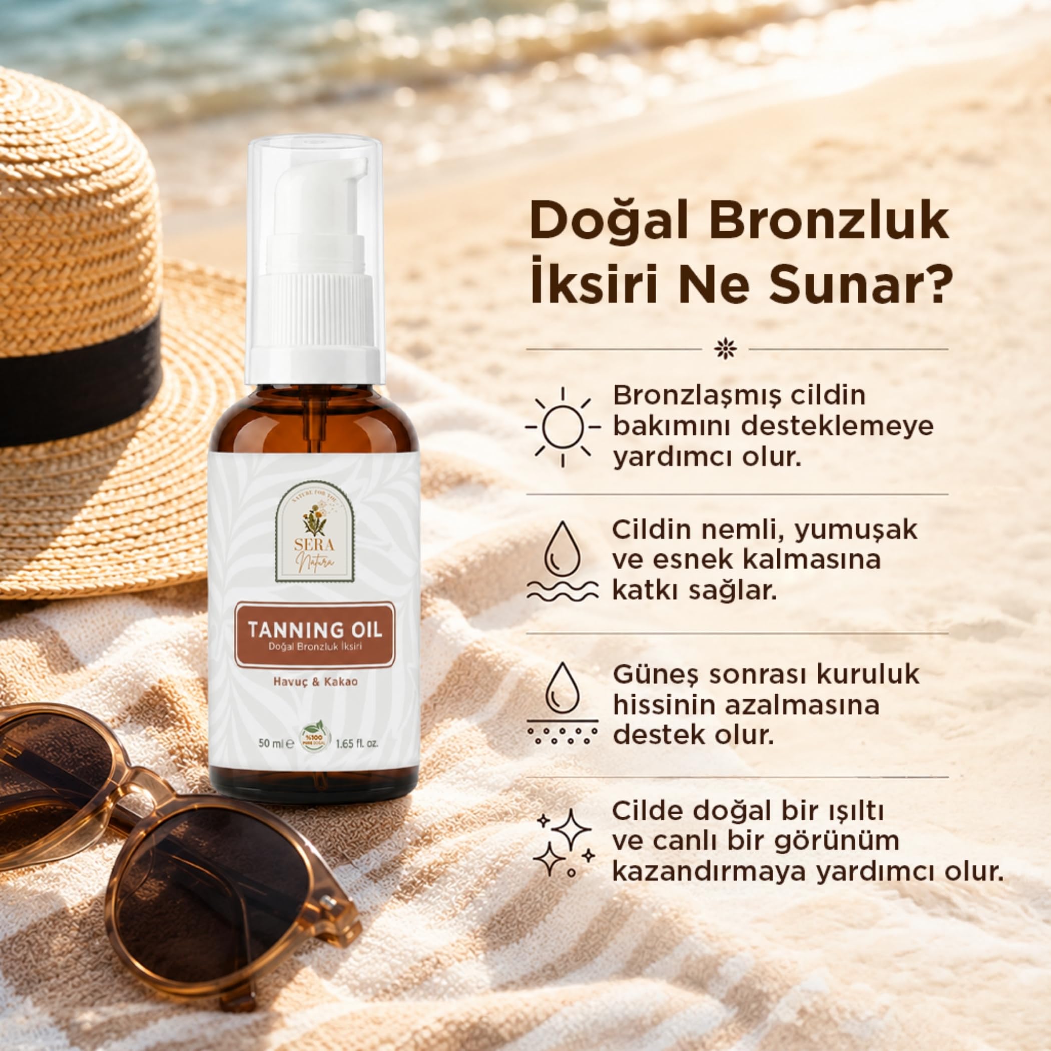 Tanning Oil Havuç Yağı & Kakao Yağı Özlü Doğal Bronzluk İksiri 50 ml%100 Saf