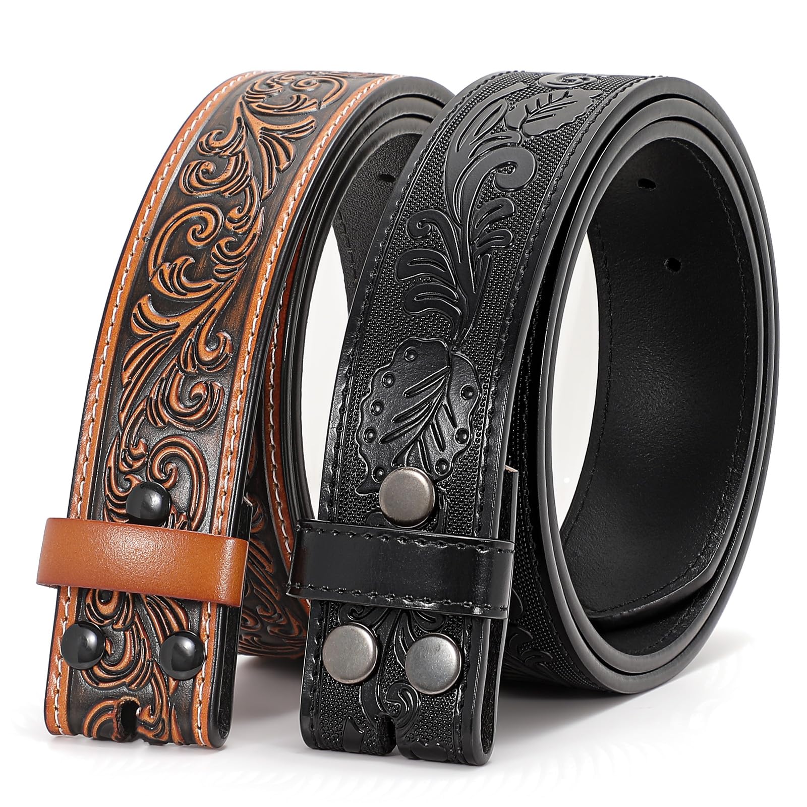 SANSTHS 2 Pack Western Belts for Men without Buckle, Cowboy Belt for Buckle Western Leather Belt Straps for Jeans